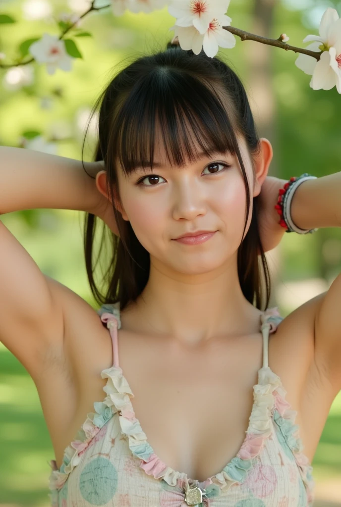 (8K, RAW Photos, Highest Quality, masutepiece: 1.7), (Realistic, Photorealistic: 1.9), NSFW, Black hair, (Blushing, shy), Sweaty face, hot spring, Full body, whole body, (Small breasts), (walking), Open mouth slightly, smile a little, (arms up), nude