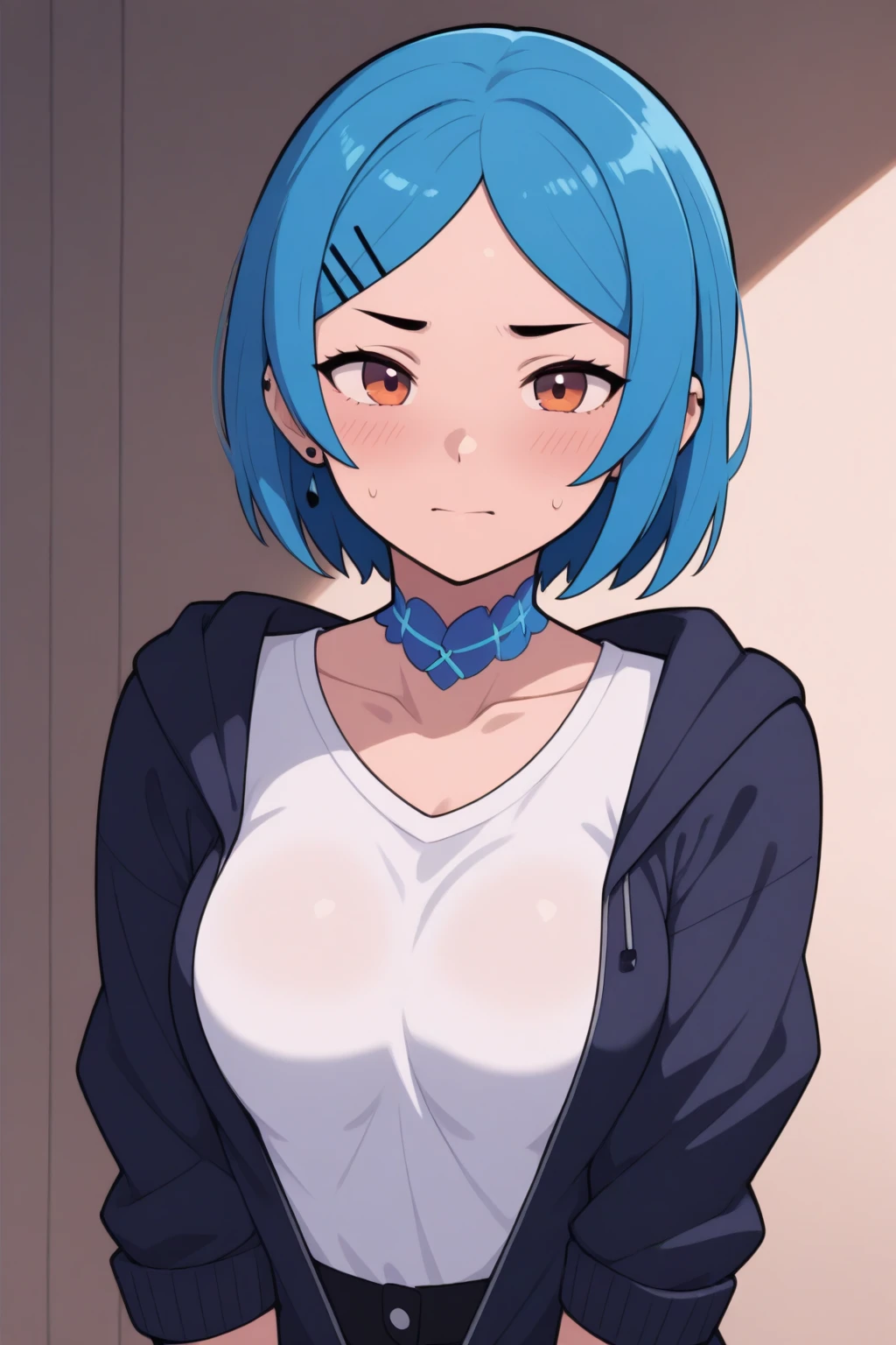 (masterpiece:1.3), (best quality:1.3), high resolution,
overlook view, couboy shot,
leaning forward, body facing forward,
(one cute girl:1.3), solo,
white skin, small Breast, eight-headed person,
light blue hair, (bobbed hair:1.2), (short hair:1.1), (blunt bangs:1.2), beautiful hair, blue eyes, beautiful detailed eyes,
blush, open mouth, cheerful smile,
hoodie with an open chest, nude, earrings,
indoors,
shadowlighting,