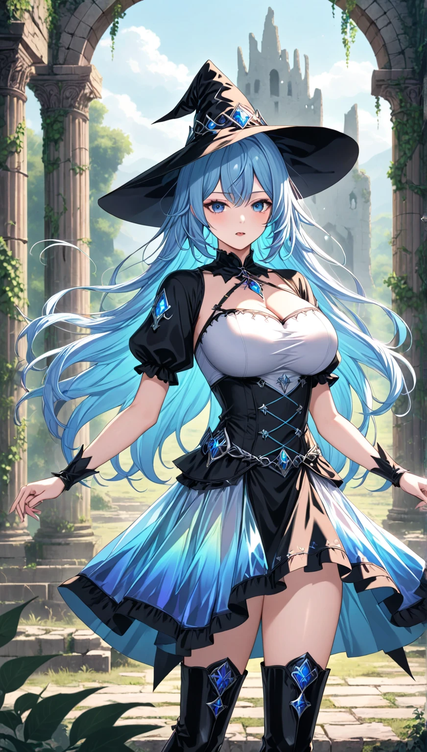 masterpiece, best quality, highres, hm2b, blue eyes, mole under mouth, clothing cutout, long sleeves, puffy sleeves, juliet sleeves, feather trim, black thighhighs, black gloves, black dress, black skirt, cowboy shot, standing, outdoors