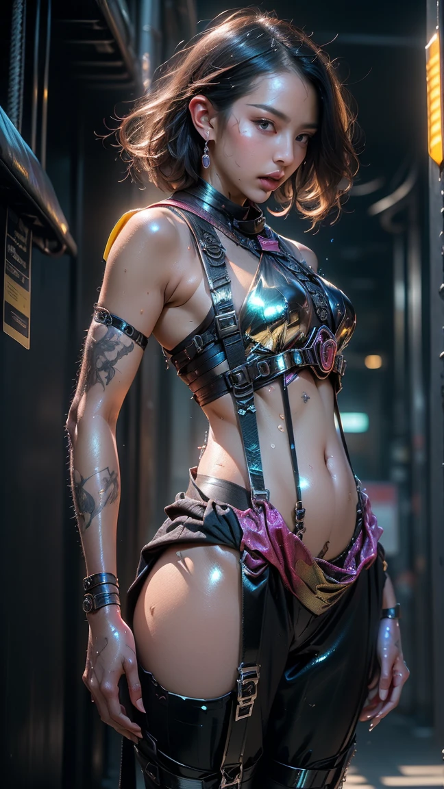((full body hyper realistic, full shot, solo, 1girl, masterpiece, Best quality)), (ultra-detailed, detailed: 1.4), 3D cyberpunk nagatoro hayase, long black hair, hairclip hair ornament, (egyptian gyaru bimbo, african bimbo gyaru, thin toned body, long legs, flat belly, thick thighs, narrow waist, sculpted calves, toned flat abdomen), wide hips, beautiful, sexy pose, medium breasts, (colored skin, dark skin, dark skinned female), (futuristic wetsuit bathed in liquid gold), (holographic sarong), (luminescent lipstick, neon girly accessories), thick lips, yellow eyes, detailed face, detailed body, detailed eyes