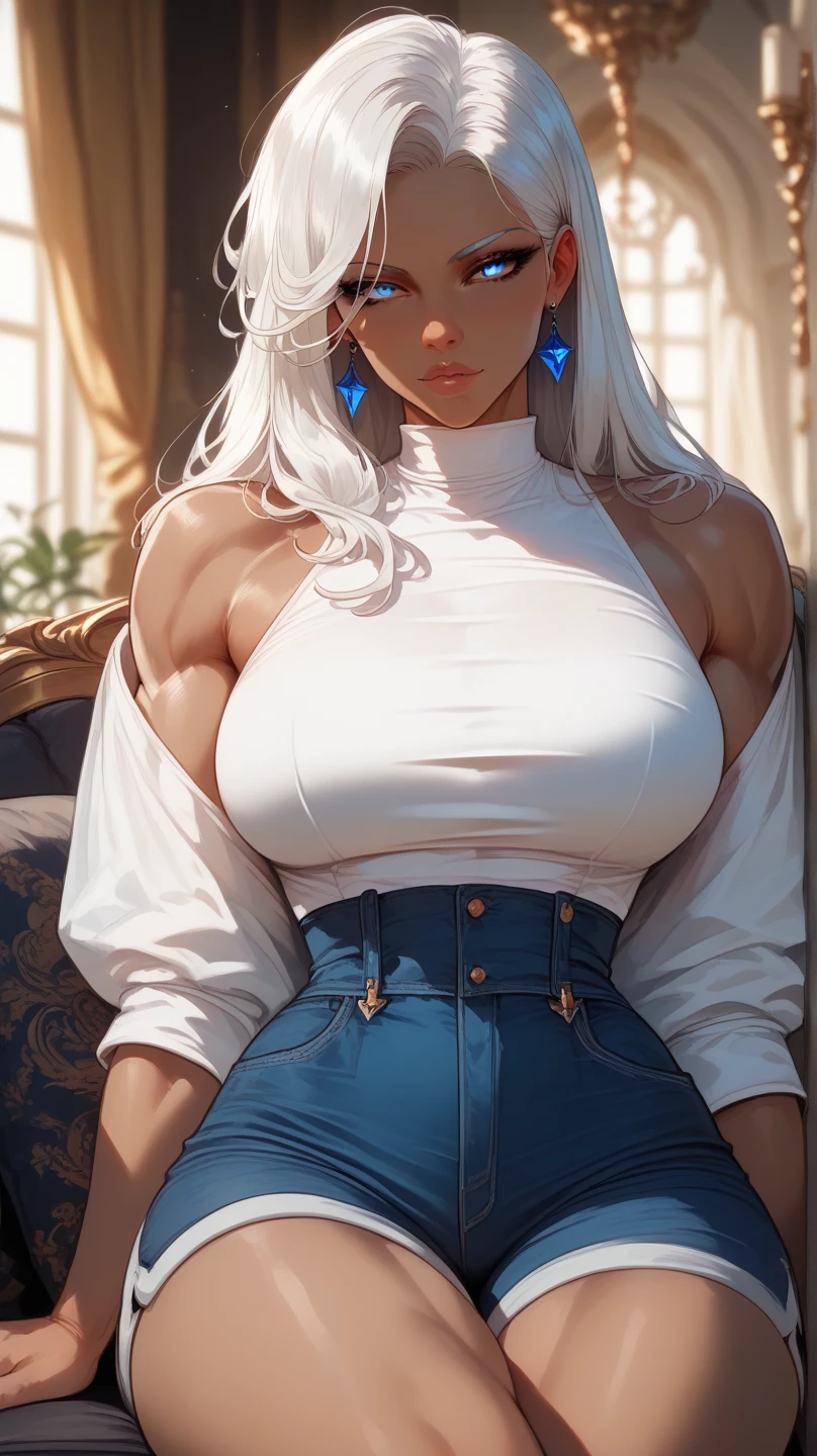 (hyperrealistic), (illustration), (high resolution), (8K), (extremely detailed), (best illustration), (beautiful detailed eyes), (best quality), (ultra-detailed), (masterpiece), ( wallpaper), (detailed face), solo, Grace Anthony, white wavy hair, heterochromic eyes, small moles under the eyes, loose white shirt, yoga pants, big breasts, long legs, tight abs, camel toes, dynamic pose, ((((huge muscles))))