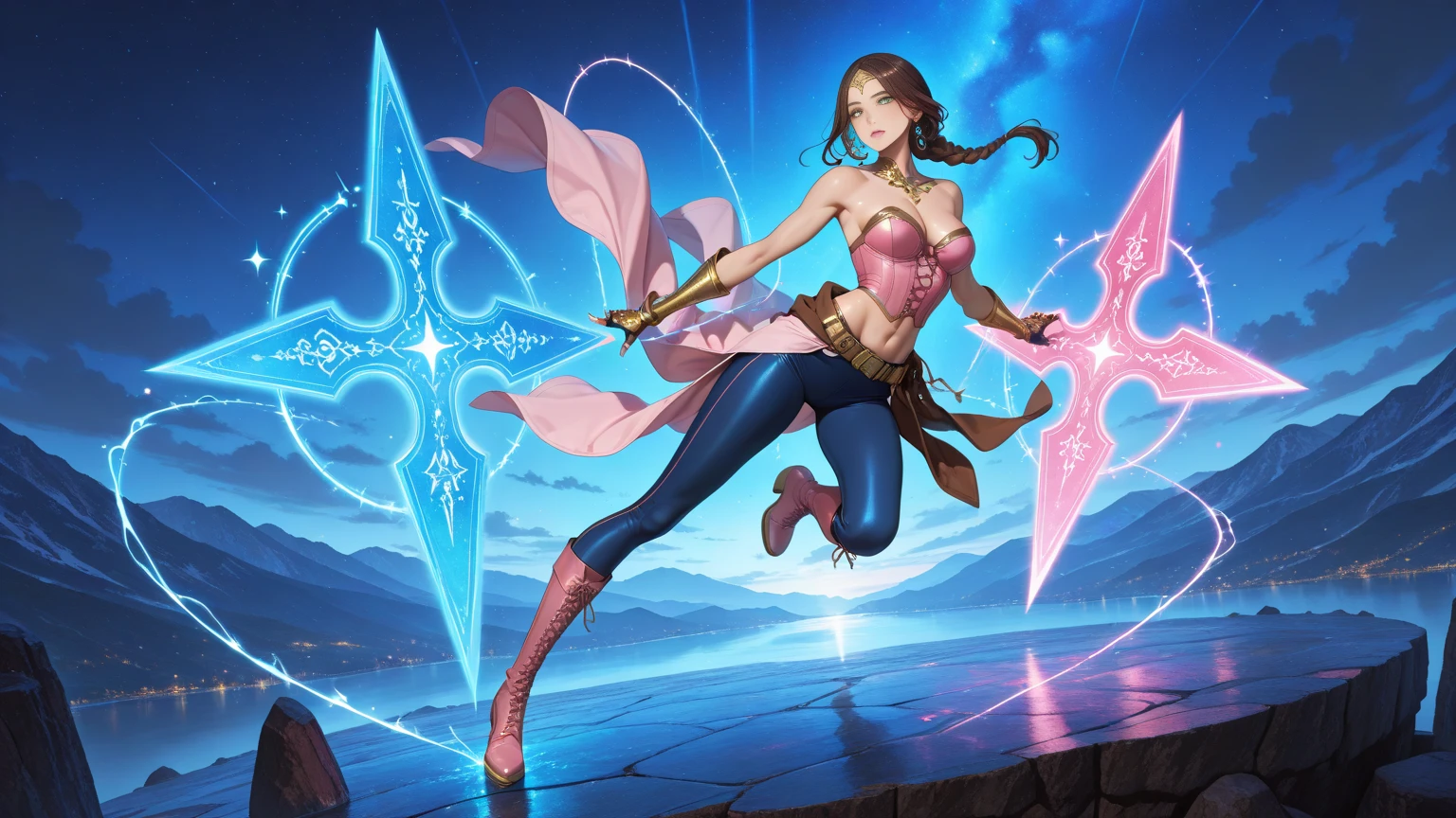 A girl fighting a sorcerer, with rays of color flowing from her hands as she struggles to retrieve the pot of magic paint. 4k resolution