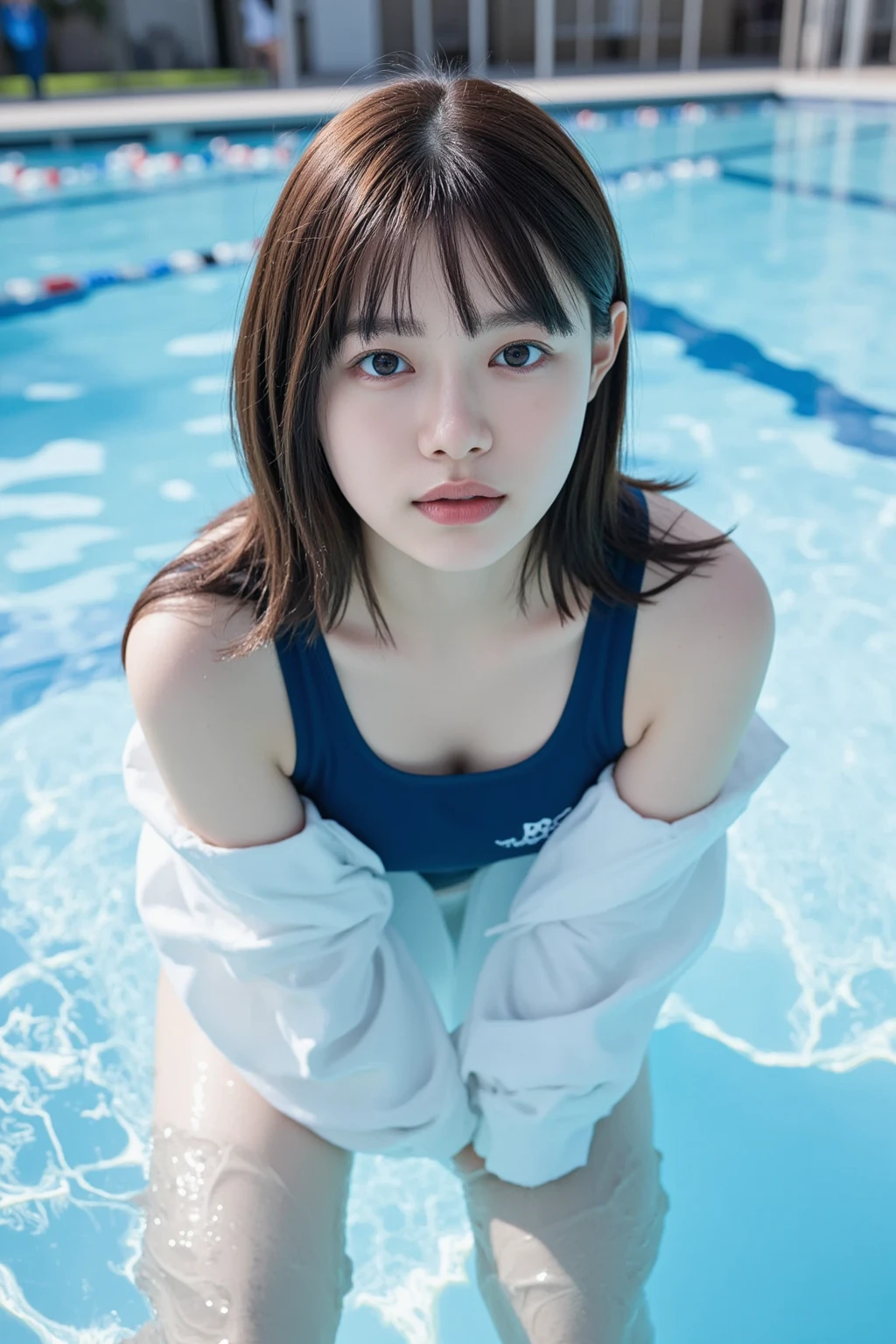 Old-fashioned school swimsuit, (Navy blue school swimsuit),From below,((from the front)),((Outdoor swimming pool at school))、Perfect balance、cute、((18-year-old female:1.2))、Young and adorable Japanese face，Official Art，Highly detailed CG Unity 8k wallpaper，（masterpiece:1.0),(highest quality:1.0), 超A high resolution,4K,Very detailed, photo shoot, 8k, Hmph, High resolution, Kodak Portrait 400, Film Grain, Lens flare brilliance,高いest quality,8k,Hmph:1.2),Portrait Shot,8k、Show Viewer