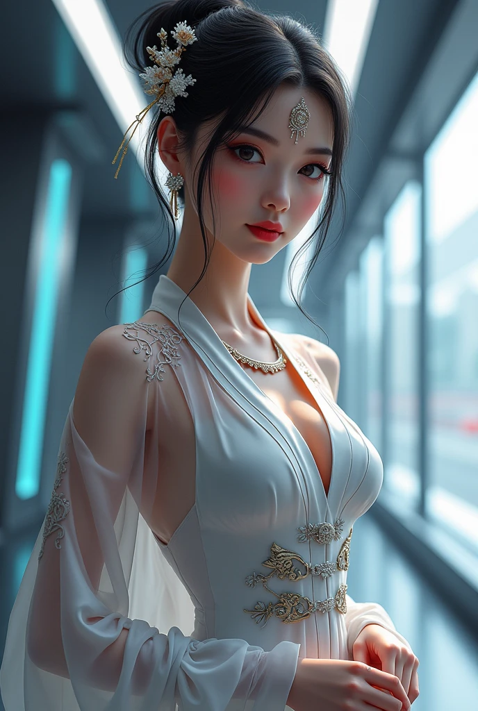 A female model, (Race:Chinese),((Ancient Chinese pavilions at night, moonlight, snow)), (8K Ultra HD, 8K, Ultra-high resolution, best quality, masterpiece, Surrealism, Digital SLR Camera, Soft Light, Bokeh, Masterpieces), ((((Beautiful model-like face))), (Creating the image of a real girl), warm light, Realistic shadows, Dynamic poses, Elegant Posture, Cowboy lens, Full body front view, Be confident, Body facing the camera, Standing facing the camera, Open your legs slightly, Golden Ratio Graphics, Minimalism), (Happy smile, Big watery eyes, Cherry Blossom, Balanced Eyes, Perfect beautiful face, Normal facial features, Realistic skin, Attention to skin details, Skin is clean and radiant, Whitening, Anatomically correct body, Hourglass figure, cosmetic, Gloves, earrings, bracelet, necklace, Jewelry, veil, Hair accessories, Headdress, shawl), ((beautiful hair), Dark brown hair, Big wavy curly hairstyle, Waist-length hair, Messy Hairstyle, Gradient hairstyles, Cyberpunk hairstyle), ((Transparent clothes：1.5), (Color of clothes: Two colors), Transparent Clothes, See-through clothes, Tulle clothes, Mesh clothes, Transparent sci-fi Hanfu, Shiny micro bikini bra, (Clothes that accentuate your bust shape)), (Sexy的, Perfect breast shape, Teardrop chest shape, Snow-white breasts, very detailed breasts, 36C cups), (Super high waist, Deep V, Low-cut, Sexy, Flattering, Open crotch, (Camel toe, High fork strangulation)), (sock, Knee socks, 吊garter, Leg ring, garter, 腿部garter), (style:Sexy,Mature), (Wet body:1.0) , (Wet clothes:1.0), (clothes pattern: line)