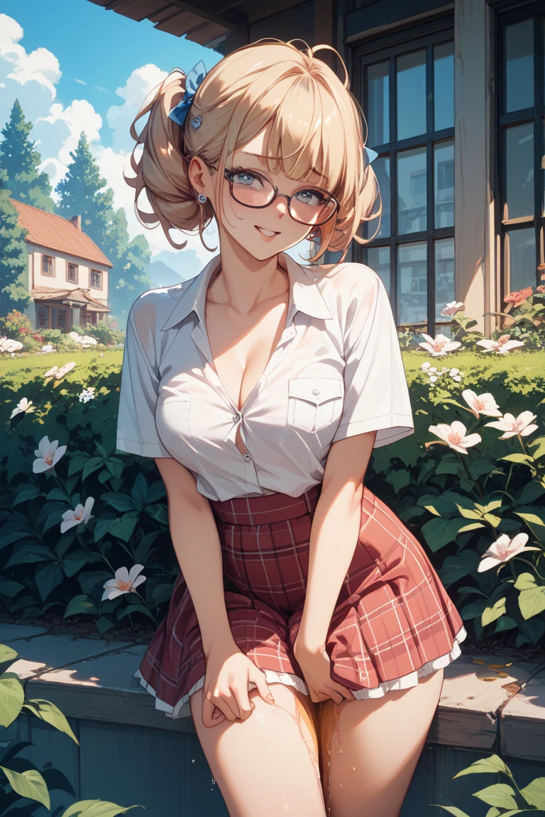 1 female,12 years old,blonde,(miniskirt and big white tank top, (big breasts), , natural smile,,frameless eyeglasses,(((leaning forward)))