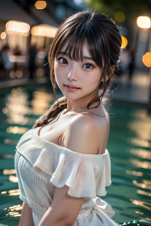 ((Cute 18 year old Japan))、on the road、Highly detailed face、Pay attention to the details、double eyelid、Beautiful thin nose、Sharp focus:1.2、Beautiful woman:1.4、low twintails、Pure white skin、highest quality、masterpiece、Ultra-high resolution、(Realistic:1.4)、Highly detailed and professional lighting、smile:1.1、White Bikini、Night Pool
