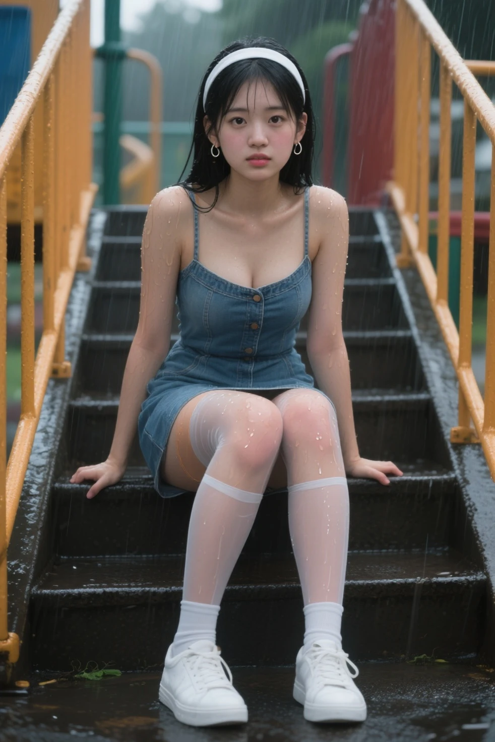 best image quality, masterpiece, super high resolution, photos, 1 girl, korean girl, white shirt, torn stockings, high heels, dim, darkness, despair, pity, pity, poor, movie, tears, teardrops, (torn clothes:1.5), (wet clothes:1.4), bare shoulders, real rain, wet hair,..