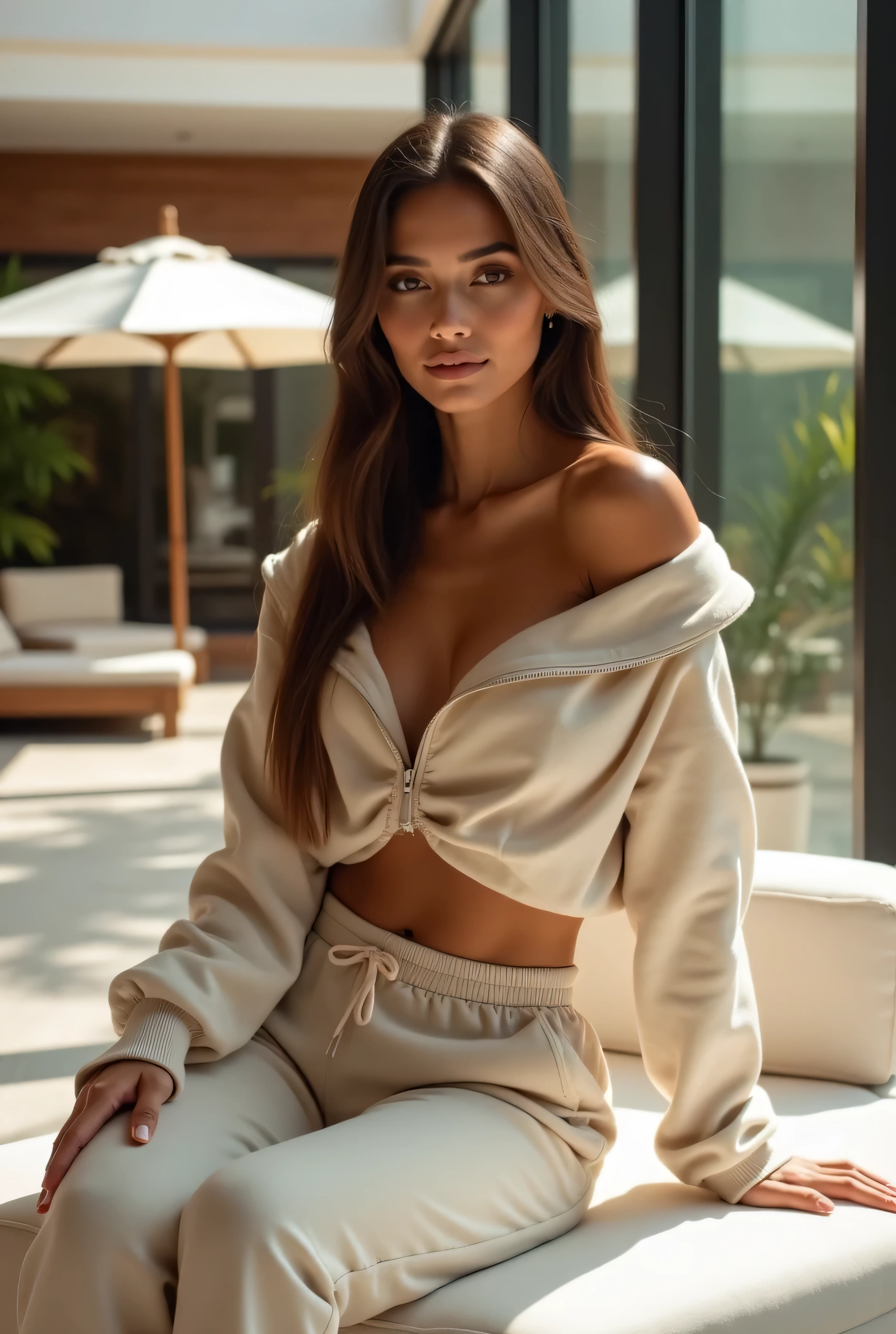 brown hair, blue eyes, ponytail, (white crop top hoodie), (white latex leggings), gold necklace, wrist watch, (photorealistic: 1.4), smirk, laying on a bed