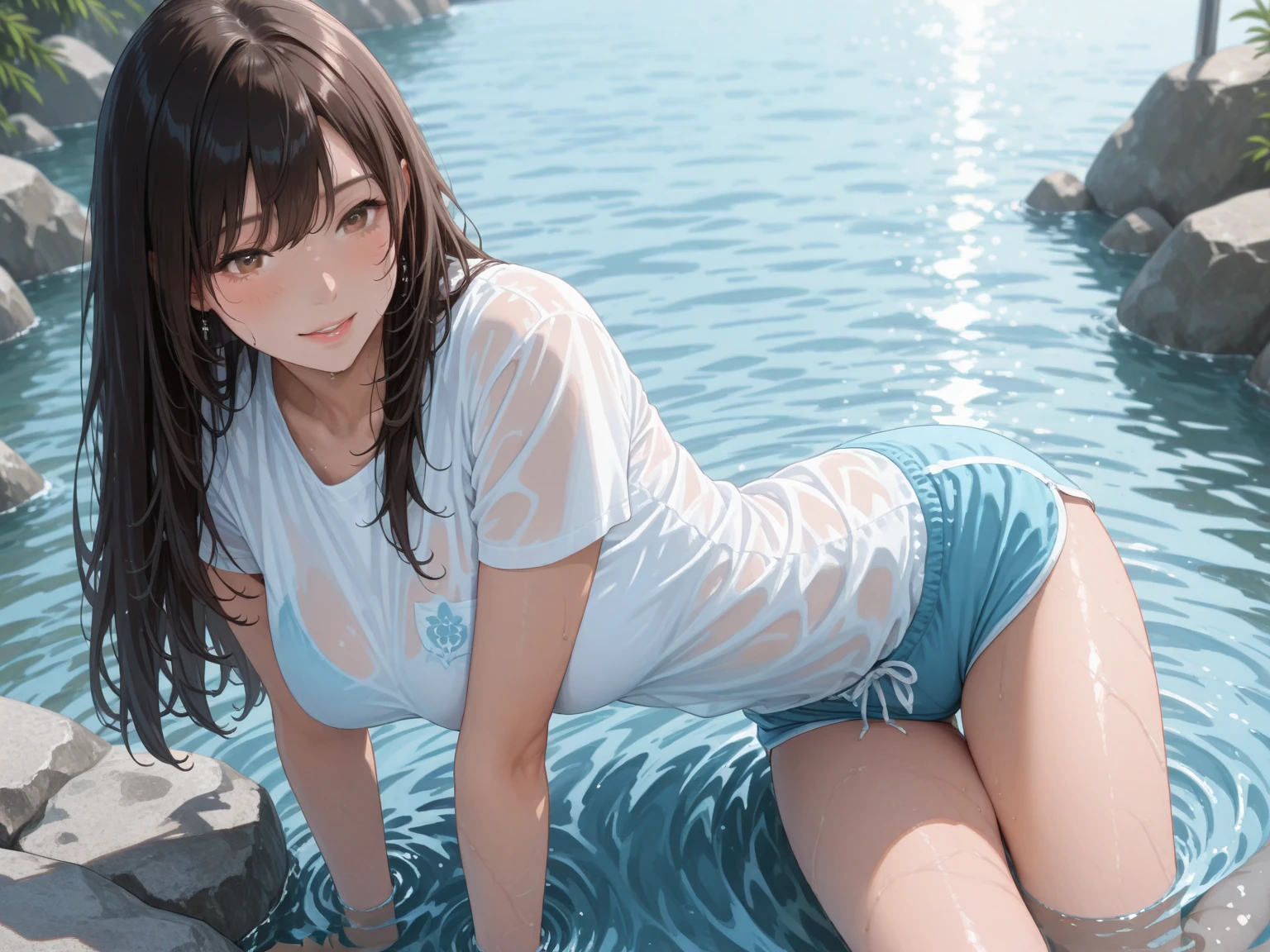 masterpiece, highest quality, High resolution,  Long Hair、Drooping eyes，Outdoor，barefoot，Looking up，Embarrassed face，Angle from below、Big Breasts，Spread your legs、wear a white swimsuit、See-through、Black Hair、Peace sign next to face,Pool、A man is watching