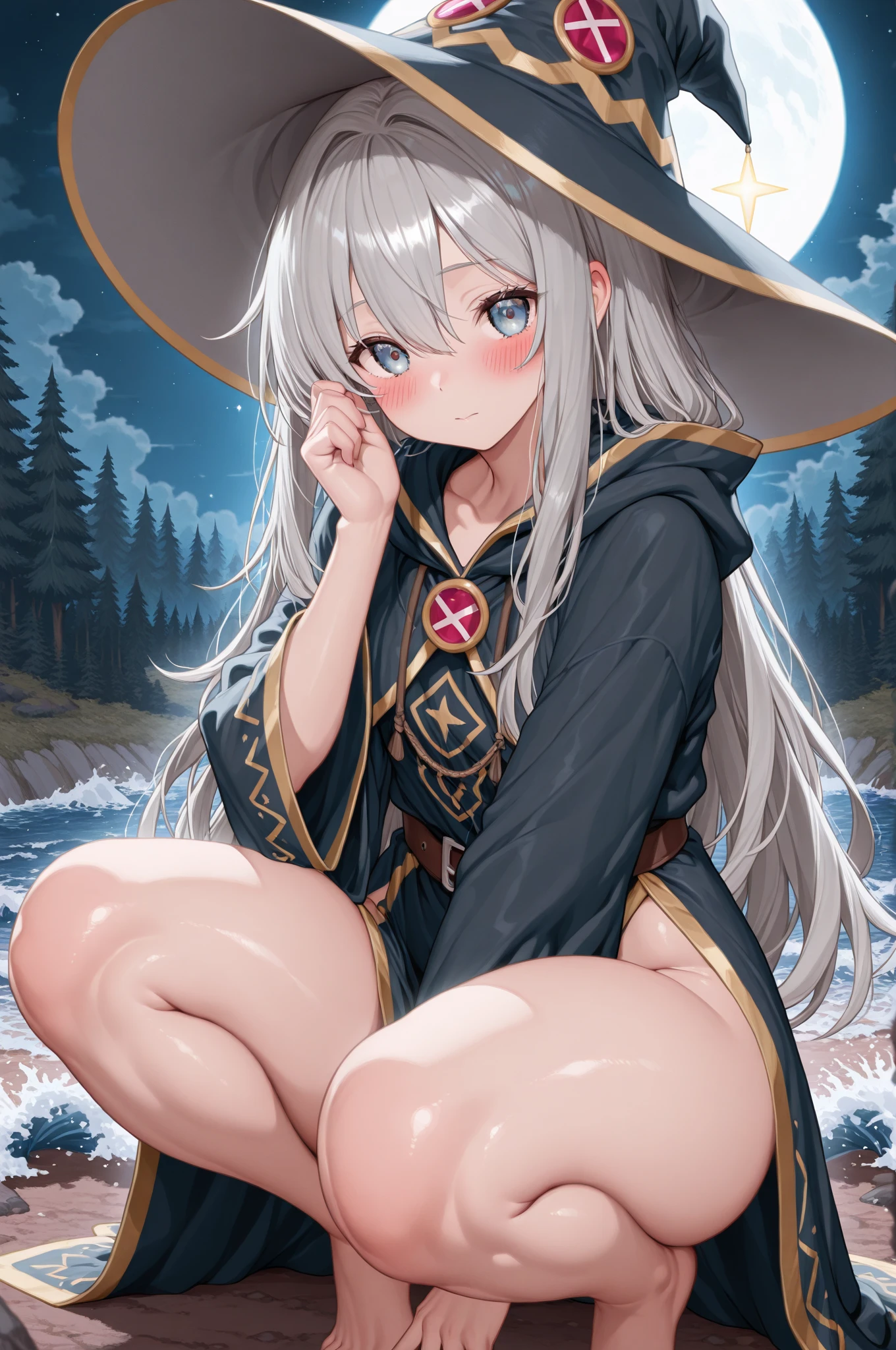 Mulher madura, cabelos castanhos, cabelo castanho curto encaracolado, olhos purple, espetacular, sorriso lascivo, Blush, cena de corpo inteiro, totalmente nu, joias, colares, Collarbone, witch hat, medium breasts, (Fundo detalhados: floresta, cabana de madeira, Casa de campo velha), pele brilhante, rosto detalhado, olhos detalhados, anatomia perfeita, camelo, bichano a mostra, pubic hair, hairy pubic, virilha inchada, dynamic pose, Approaching perfection, Dynamic, altamente detalhado, (rosto bonito e detalhado, belos olhos detalhados), de frente para o espectador, seductiveexpression,