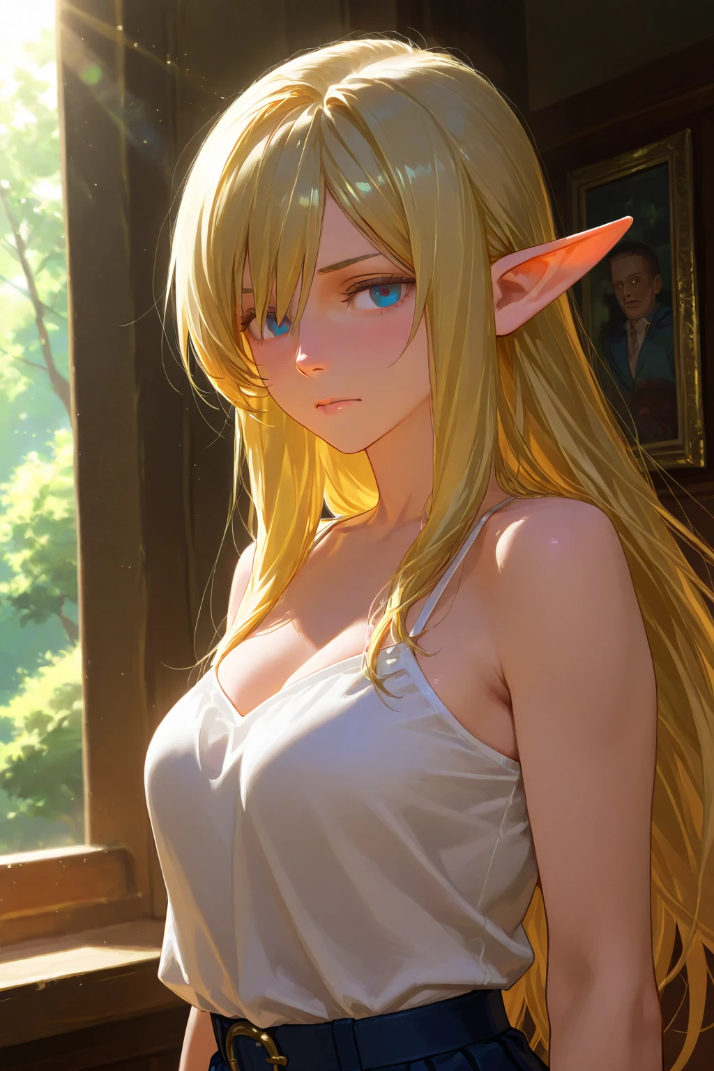 1 girl, Beautiful elf lady, blonde Long straight hair, upturn elf pointy ears, sexy figure, hot body, very beautiful face, detailed face, delicate eyes, detailed pupil, beautiful and delicate lips, blush, shy, heart, in love, white camisole long skirt, Simple and stylish, small crystal earrings, hand drawn animation, high detailed, outdoor, symmetrical clothes, best quality, masterpiece, retina,