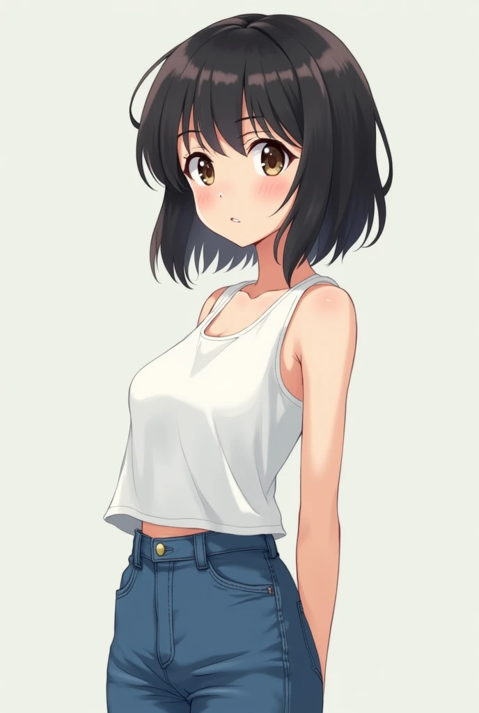 short hair girl (That reaches the middle of the neck) yellow eyes, wears clothes from the 2000s. anime style.