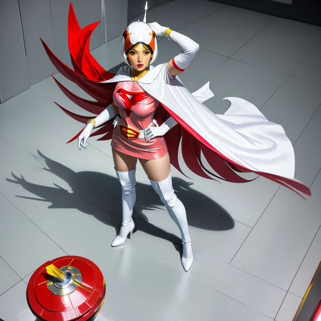best quality, professional lighting, super detailed, realistic, <lora:ShinkenRed:0.8> shinkenred, 1girl, Red bodysuit,pantyhose,red footwear,white gloves,bodysuit,skirt,boots mask,helmet,belt, gloves, large breasts, short hair,<lora:epi_noiseoffset2:0.3> <lora:royta v1.1:0.3> royta,pov,(expressionless),sfw