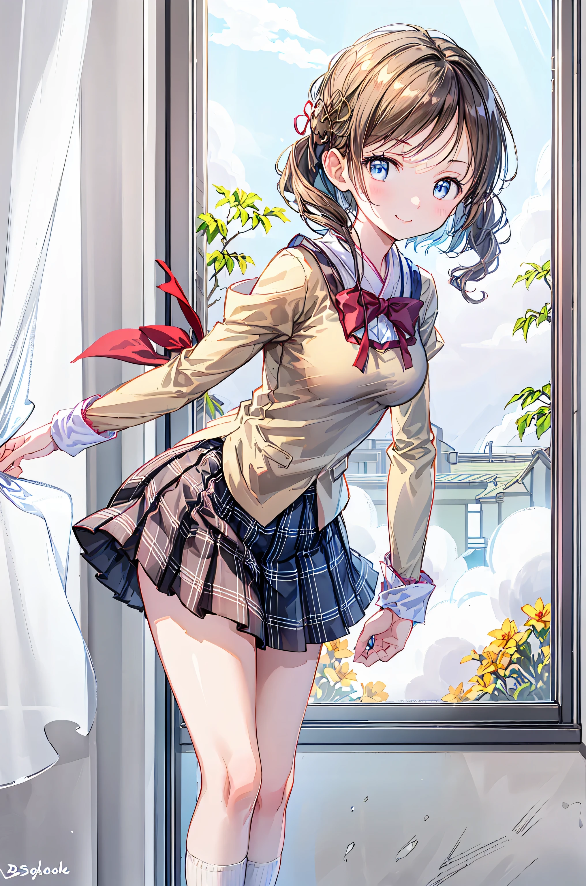 one woman, alone, middle aged, きれいなmiddle agedの女性、I could see the whole body、 ((short hair)), ((brown eyes, beautiful eyelashes, realistic eyes)), ((detailed face, blush:1.2)), ((smooth texture:0.75, realistic texture:0.65, realistic:1.1, Anime CG style)), ((glamorous body)),((big breasts)), dynamic angle, perfect body, ((light purple sheer blouse, red skirt))、(Hotel stairs)、that'the wind is strong、(Very embarrassing panic smile)、I can see her panties sticking out in front of me., Angle seen from the top of the stairs、 (((The wind pulled up my skirt、My pants are completely exposed..、Pink floral panties)))、((masterpiece, highest quality, High resolution, perfect pixel, 8K,))),