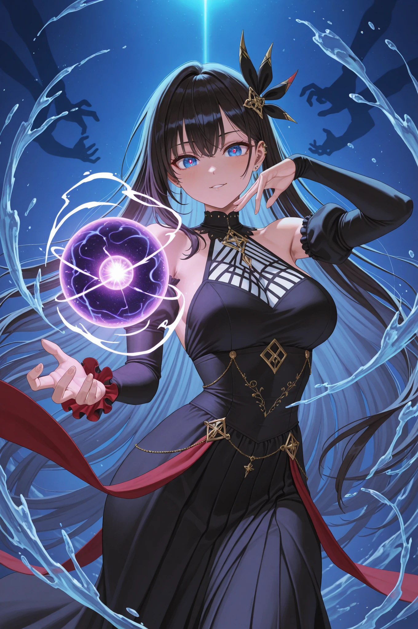 best quality, extremely detailed, anime style adult 1girl, long hair down to the waist, straight hair, ((dark black hair with bluish)), beautiful detailed eyes, pinched eyes, dark blue eyes, huge breasts,curvy, ((((kawaii magical dress)))),((trousers)),((mysterious item in mysterious place)),dynamic pose,magic square,game cg,