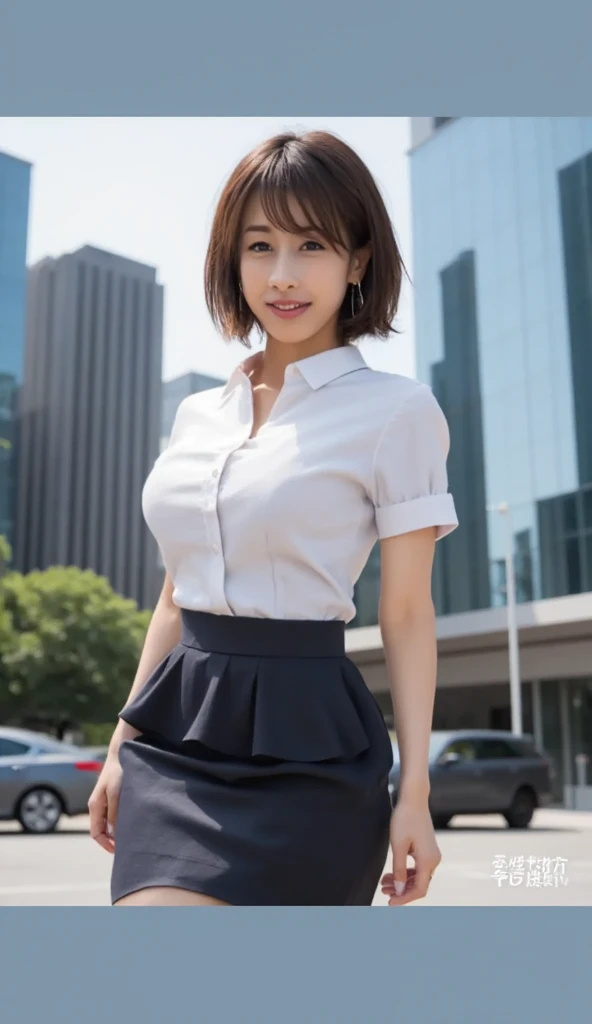 (8K, best quality, masterpiece:1.2), (realistic, photo-realistic:1.37), (high color saturation:1.0), (highly detailed skin), (highest quality:1.0), (ultra high resolution:1.0) ,(realistic:1.0), (Super detailed:1.0), (8K, Raw photo:1.1)、standing random pose, smiling, natural breast, perfect lighting, 22years old, (mysterious), clear and detailed, ((japaniese_office_uniform, flared skirt, sexy_blouse, flight attendant_neck scarf)), (indoor office, escalator), surprised face, ((looking at back viewer)), ((low angle photo)), (the sexy_shorts are showing under her skirt), inverted nipples,