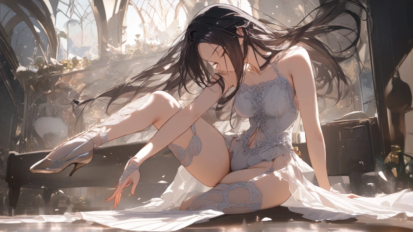 ((((Obra maestra, La mejor calidad, ultrahigh resolution)))), 1girl, sitting,), ((long pure brown hair, hair over eye)), long hair cut, shiny skin, ((golden eyes)), glowing_eyes, neon eyes, (ultra detailed eyes:0.7, beautiful and detailed face, detailed eyes:0.9), ((centered)), smirk, facing viewer, ((vibrant background, dark lighting, summer, sunlight)), large chested, looking at viewer, ((half closed eyes)), ((perfect hands)), (((head:1, arms, hips in view, elbows, legs, in view))), ((hands behind back)), empty eyes, beautiful lighting, ((outside, outdoors)), defined subject, head tilt, (((gritty)), ((creepy)), ((cool)), ((beautiful)), (((SFW))), hair ornament, petals in the air, moon in the sky, city, mature woman, adult woman, sfw, pink and white dress, night dress, she is a princess, gal, dark skin, fullbody