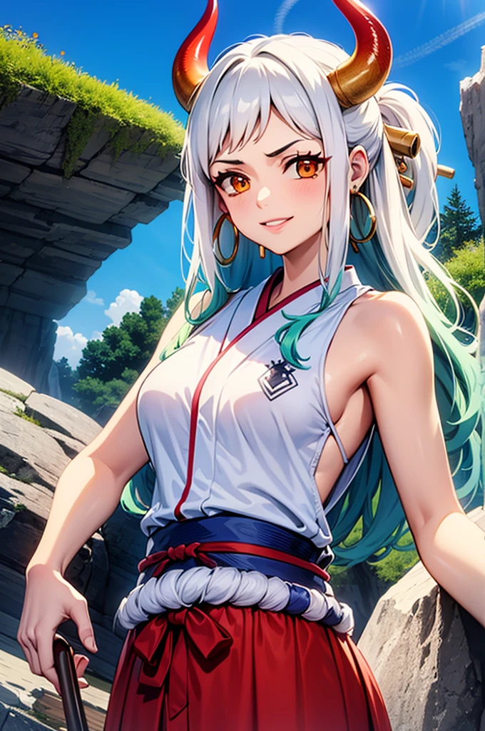 masterpiece, ((ultra detailed background, delicate pattern, intricate detail)), (highly detailed, fine details), best quality,beautiful lighting, (((medium breasts, slim girl, very slim girl))), (cowboy shot),  YamatoV2, long hair, 1girl, horns, white hair, solo, oni, red horns, curled horns, hair ornament, (multicolored horns), jewelry, earrings, japanese clothes, kimono, hair stick, sleeveless, bare shoulders, aqua hair, sidelocks, hoop earrings, hakama, smile, wide smile, ((orange eyes)), complex detailed background, outside, nature environment, rocks, sunny, blue sky, sky,