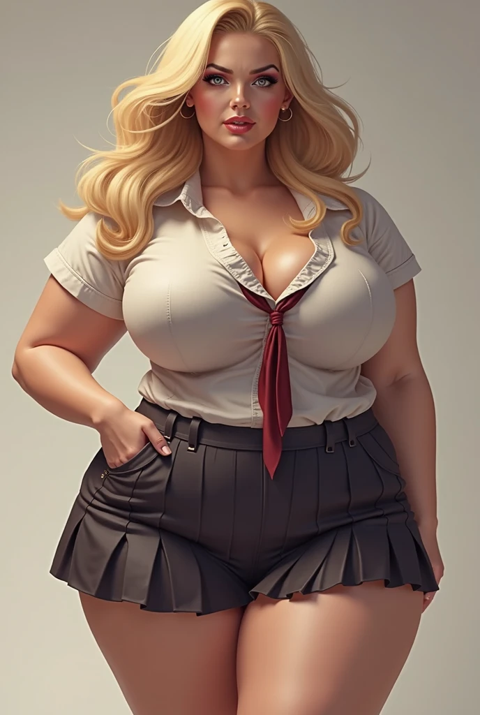 Best Quality, Solo, huge-breasted, gargantuan butt, very curvy, Hairstyle with blonde highlights, pale red eyes, Full lips, Seductive, sly smile, White Button Up, Sweater Vest, plaid skirts, Bracelets, Silver Hoop, thick thighs, Curvaceous physique, stretched clothing, popping buttons, massive hips, chubby