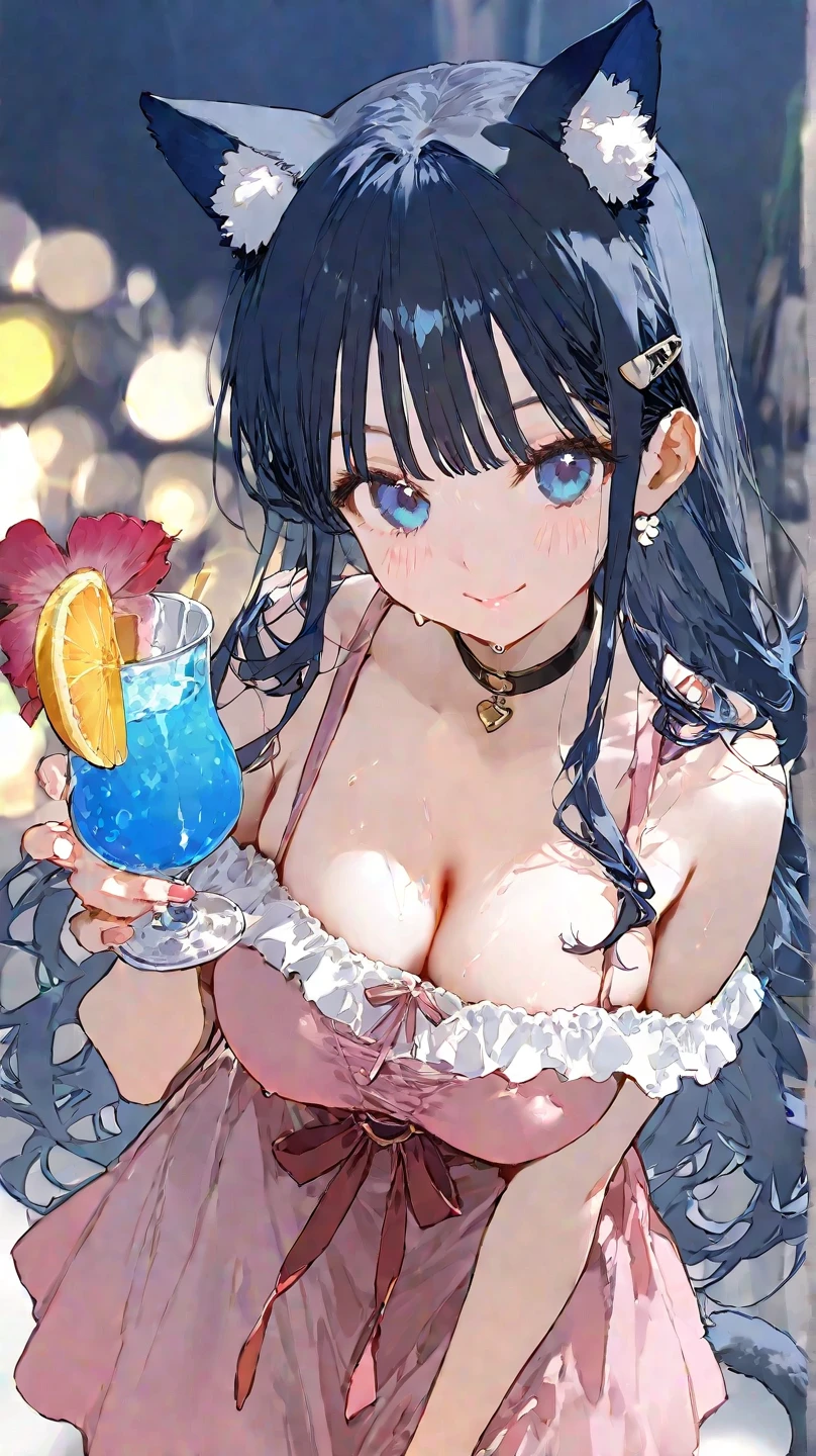A kawaii girl is pouring a cocktail with a flourish, petals of blue and green cascading around her as she creates a dazzling display.