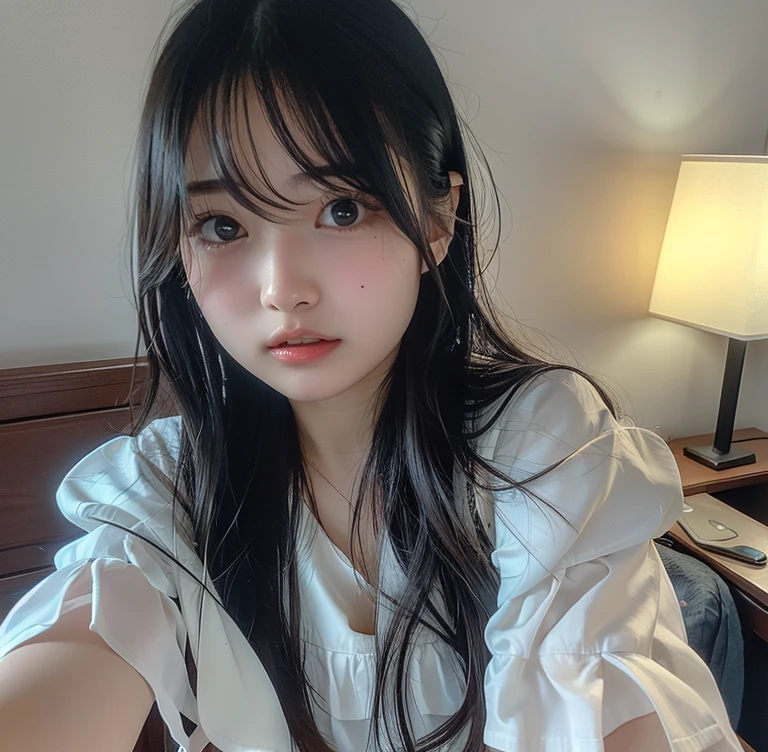 Girl in her 20s，cute little，Stay in a hotel bed，Looking here