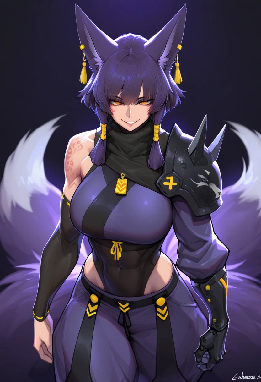 Busty female reptile, golden dragon horn,Covered with shiny black scales. Wearing a sleek and simple golden sexy bikini armor. . .Holding a spear,Posture straight,Full body portrait,Expression smile,Large Breasts