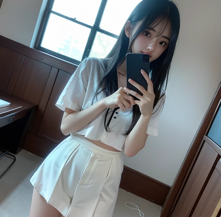 japanese, linda, small, baby face, realisitic, calcinha grande lisa, sutiã, thigh sock, 12 year old, Selfie, bow on panties
