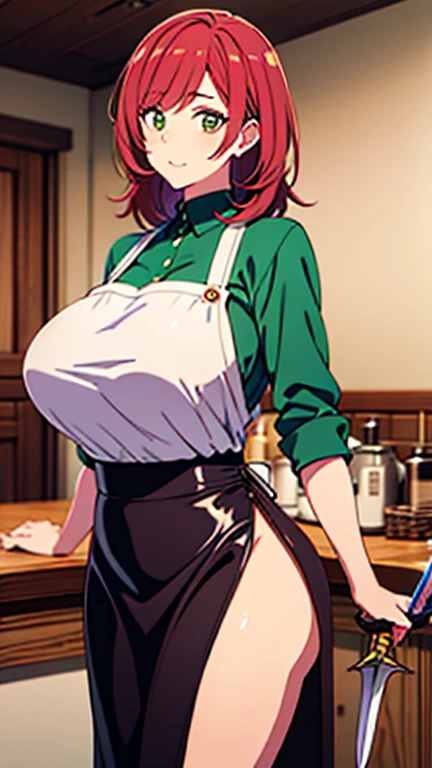 1girl in, 独奏, Yotsuba Nakano, orange color hair, Green bow tie, Hair ribbons, (barechested:1.2), (Green Apron),, cleavage of the breast, thighs thighs thighs thighs, Cafe Background, Ecstatic smile, (red blush:1.1),White tights