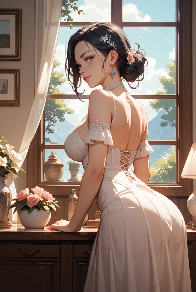 (A masterpiece of image quality in 8K),(Beautiful Allafed Woman),(((emphasizing breasts:1.3))),(Dynamic angles),(Dynamic and sexy bending pose:1.3),(sit a chair:1.3),(Short hair in shiny silver and orange inner colors,large full breasts,Disturbance of clothing due to movement,breast slip,(Ponytail twisted buns adorned with elaborate braids and beads,Braided Setup Fishbone Hair,),(see-through bangs),Huge breasts、(((A white lace apron that shows your bare skin from under your big breasts.......)))、Blush with embarrassment、Enraptured eyes、A smile that beguiles the viewer、(Look back:1.7)、Look into the photographer,skin glistening with sweat,gazing at viewer,,(Professional Lighting),(8K,masutepiece,top-quality,Ultra-high resolution output image,),(Ultra HD with complex detail image modes),depth of fields,Beautiful hands,Beautiful fingers,Detailed finger features,(Detailed hair features:1.7),detailed facial features,detailed clothes features,
