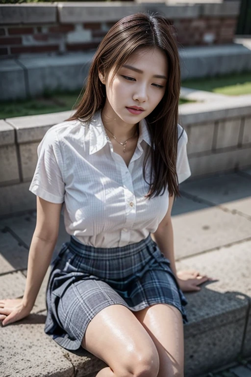 highest quality, Full body portrait, Delicate face, Pretty face, 25-year-old woman, Slim figure, Small Bust, OL Uniform, Office Clothes, Black Stockings, Outdoor Scene, Sitting posture,((Sexy Panties:1.05))、((Spread your legs wide:1.45))、