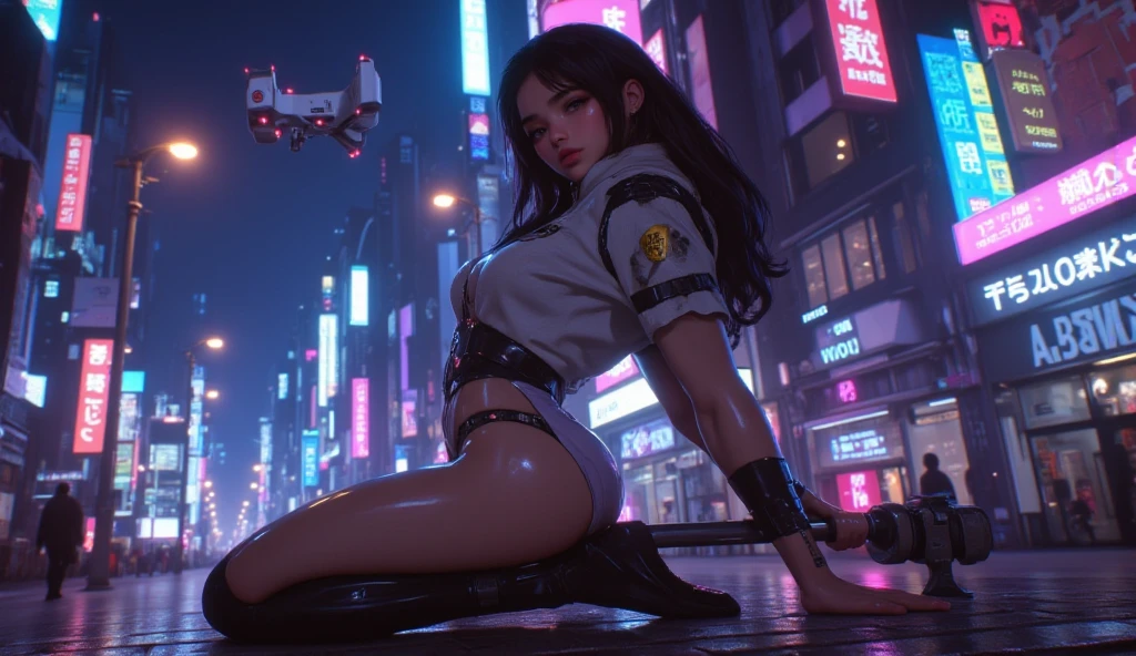 black hair, hair bobbles, wince, longeyelashes, solid circle eyes, ear blush, 1girl, pretty, beautiful, sexy, realistic, incredibly absurdres, huge filesize, garter straps, torn legwear, blush, aqua eyes, naughty face, glint, torogao, thong bikini, necklace, gigantic breasts, maid headdress, leaning forward, cyberpunk, city, skyscraper, skyline, night sky, neon lights, pov, photorealistic, ray tracing, from side, 8k, super detail, ccurate, best quality, masterpiece, best quality