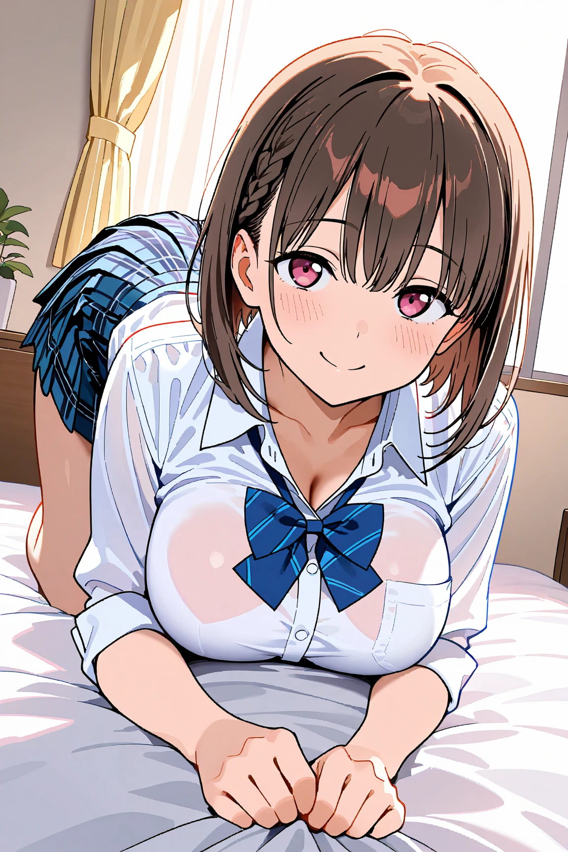 (((pixel perfect, detail perfect))), alone, 1 girl, Misaka Mikoto, tokiwadai , bow, looking at the viewer,, whole body、(Breast Exposure、Nipple exposure、medium breasts))、smile、Tokiwadai Junior High School Uniforms、nose blush,lie down on the bed,White panties、Pull up your skirt