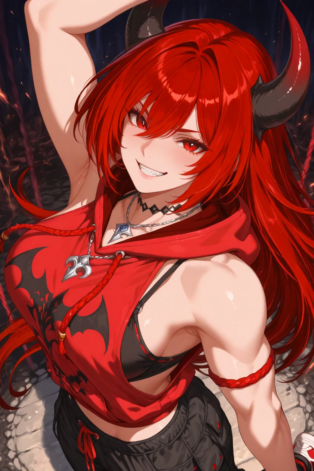 A female monster with bewitching purple eyes, red hair and red clothes is gritting her teeth in pain while holding a knife after being attacked by a yellow magic circle on a dark road at night