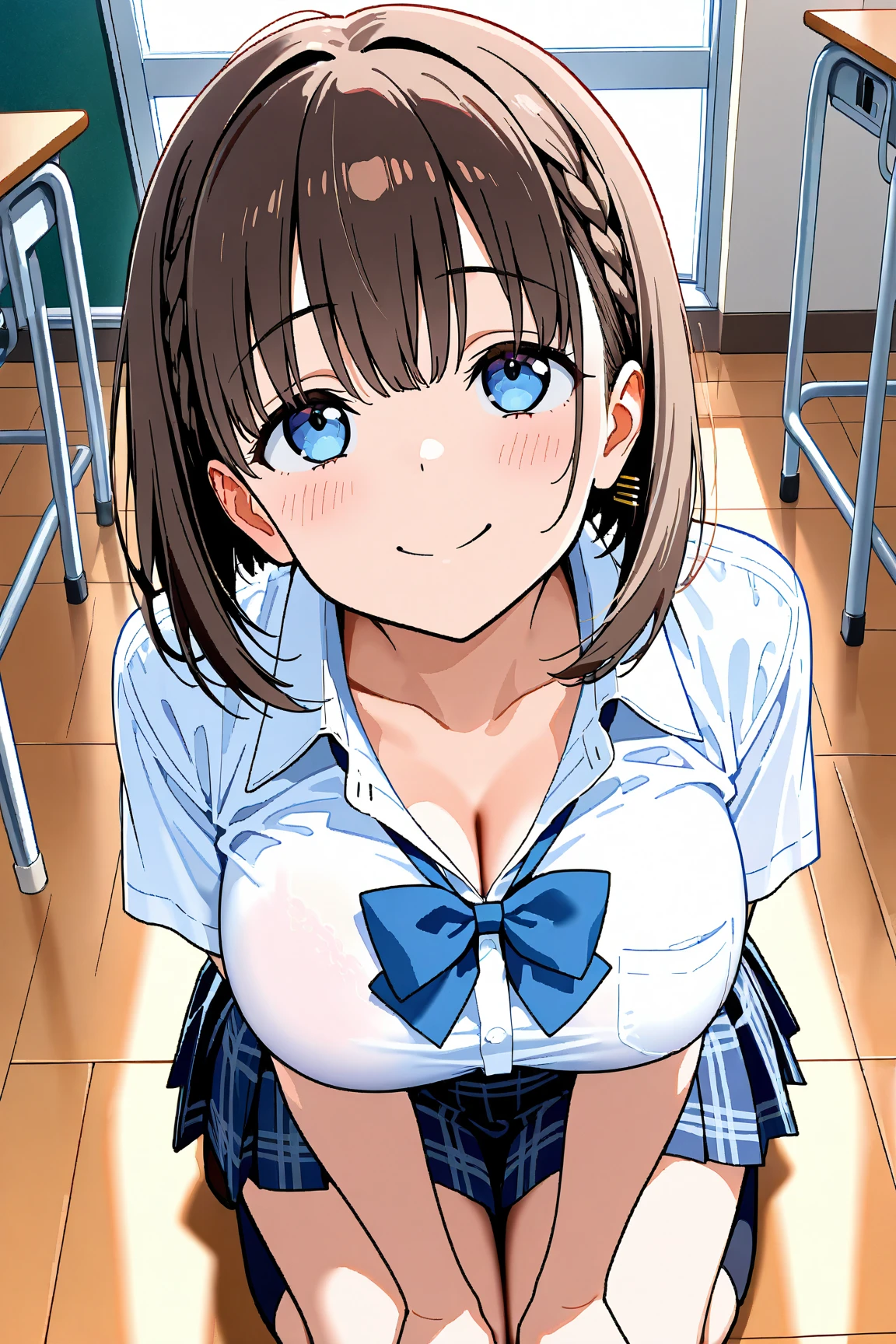 (masterpiece, best quality:1.3), (extremely detailed CG illustration), (beautiful detailed dynamic light, best shadows:1.1), (shiny and glossy skin), kawaii, 1girl, solo, breast rest, (big breasts), breasts on table, school uniform, looking at viewer, school desk, grinning face,dyed cheeks,moist lips,Big eyes,From side,
