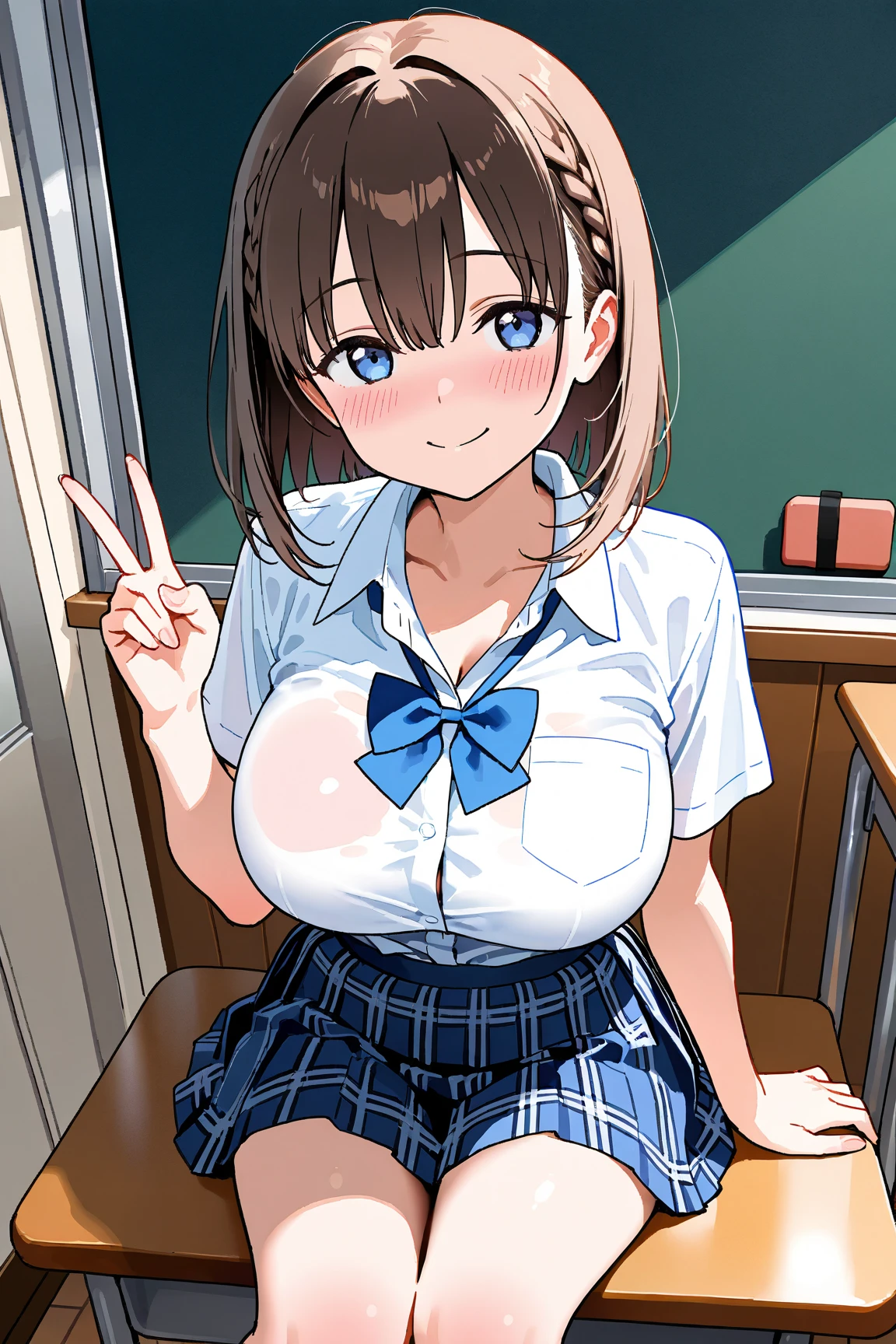 (best quality), (Super detailed), (Best Illustration), (detailed eyes), (nsfw), (1girl), look at viewer, white serafuku, (show off nipples:1.2), (show off breasts:1.3), curvy body, blush, brown hair, (bob cut), curly hair, hairs between eyes, twinkle(in the eyes), blue eyes, (school:1.3),