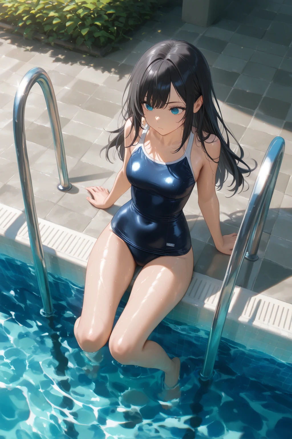 Woman in black wetsuit sitting on pool side ledge, Wet swimsuit, wearing a swimming wear, next to a pool, Swimsuit, glossy wet skin!!, monokini, Black swimsuit, Seductive Anime Girl, shiny plastic bikini, small curvy loli, Realistic Young Gravure Idol, mayuri shiina, realistic bikini, swim wears((top-quality))、((masterpiece))、girl with、Formal-up、a blond、Blue eyes、gals、beautiful detailed eyes and face、pretty skin、Realistic、a very cute、18year old、School swim wear(Dark blue color、Simple design、Matte texture、Wrinkle、Wet、Polyester material、shadings、)Wet body、Anime Face、Beautie、Facing the front、big eye(Beautiful fece、Anime Face、Clear eyes、Fine details、beautidful eyes)Well-formed face(Beautiful nasal muscles、Perplexed、sharp mouth)full of sweat、sodden、Wet feeling、Background with(sunny sky、takeout)、8K picture quality、perfectly proportions、A slender、red blush、female focus on, hair adornments,length hair, Look at viewers,pissing、お漏らし、pee、getting wet