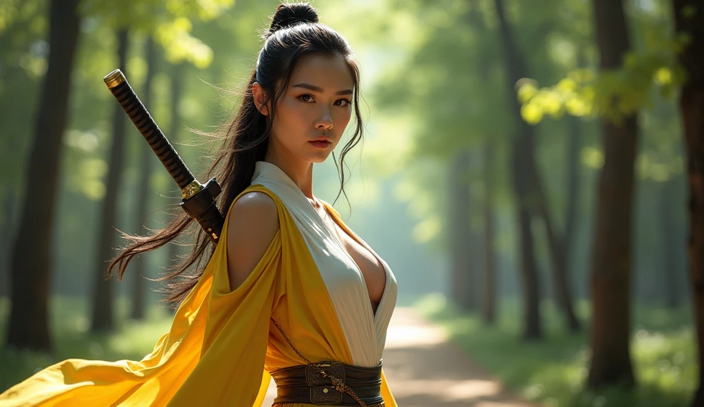 (Realistic, photo-Realistic:1.37),(8k, RAW Photos, Highest quality, masterpiece:1.2), cute, Super detailedな, 超High resolution, Kodak Vision Color, Filmed with an Arricam LT camera,Highest quality, sexy、Nipples are visible、Cleavage、Lively, 8K, High resolution, 1 girl, Escape, (Professional Lighting), (Portraiture:0.6), Moss-covered Japanese garden、bamboo forest、bamboo forestの中を駆け抜ける、moonlight、Tie your hair up、Bun Head、Japan House、Ninja House、Smile、Black Hair, (Medium Hair),21 years old、slender、With a ninja sword、Japanese,Medium Hair、若いJapaneseの女の子, warrior, Evil look,,Combat Stance, Swinging a Sword, Very detailed, Full body image, Vibrant appearance, Creative Action, Very detailed, Imaginative,RAW Photos, 8k, masterpiece,Highest quality,Super detailed,Very detailedイラスト,Very detailed,Intricate details,High resolution,Very intricate details,