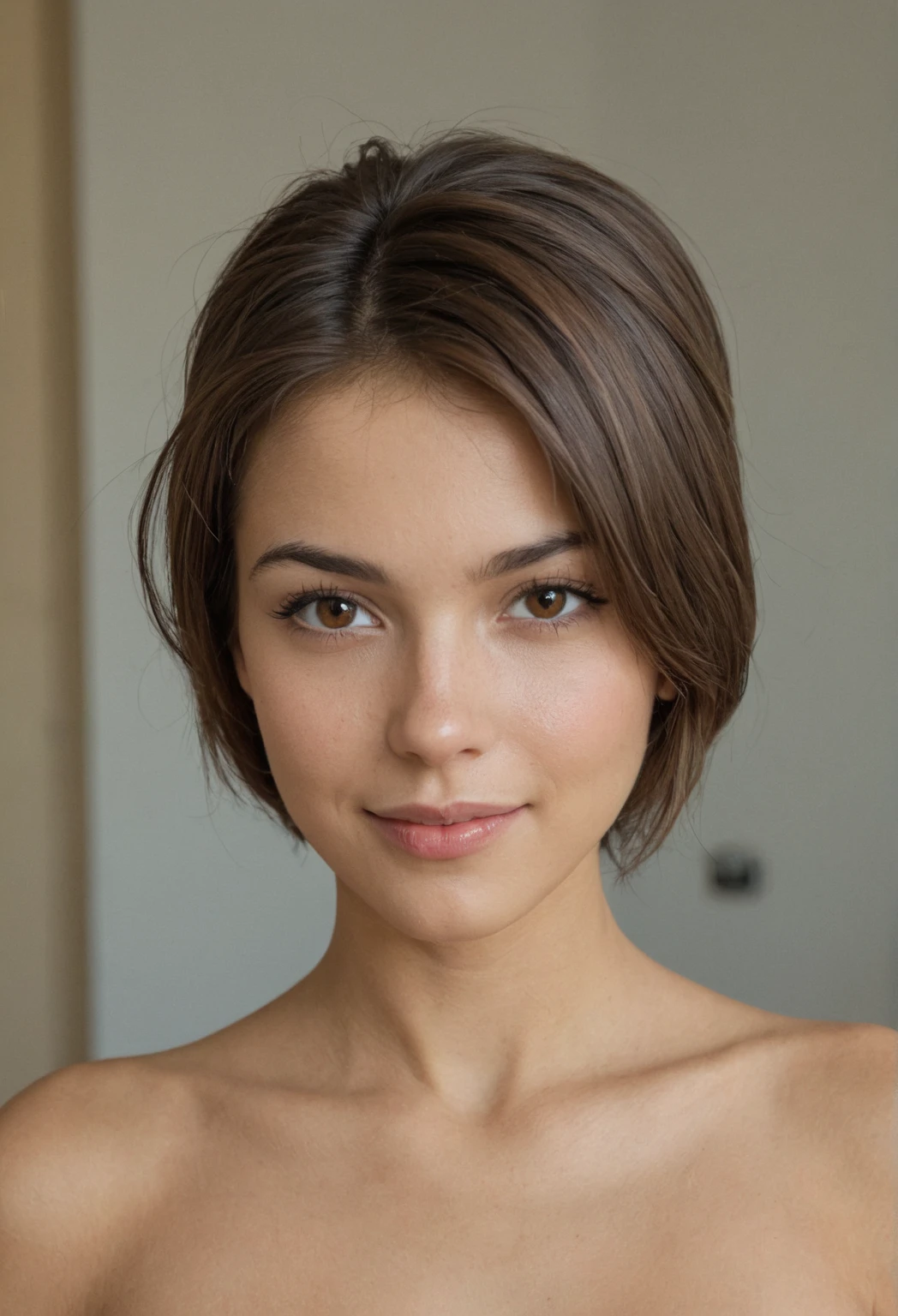 Beautiful 1girl, big Breasts, Short Hair, Smile, Simple background, Hair Between Eyes, High Resolution,