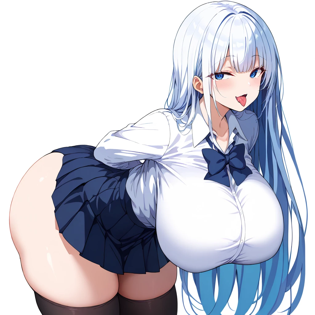 (masterpiece), (best quality), (ultra-detailed), (illustration), (an extremely delicate and beautiful), sagging breasts, disproportionate breasts,1girl, solo, long hair, breasts, looking at viewer, smile, bangs, simple background, thighhighs, navel, twintails, large breasts, closed mouth, braid, white hair, grey hair, detached sleeves, blunt bangs, white thighhighs, grey eyes, v, uncensored, white sleeves, cleft of venus, nude,