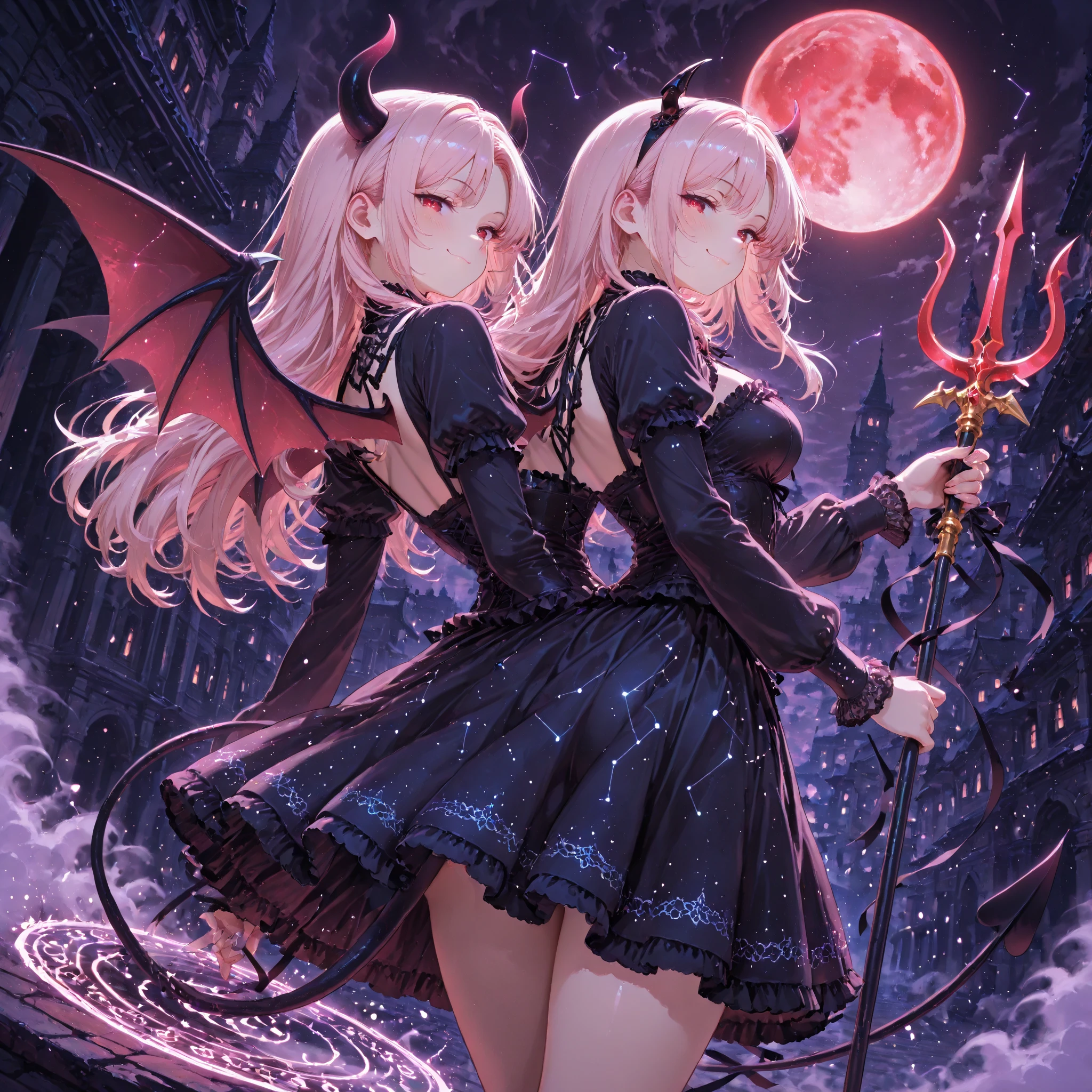 Long pink hair, red eyes, sexy dress, large breasts, holding a scythe, under the moon
