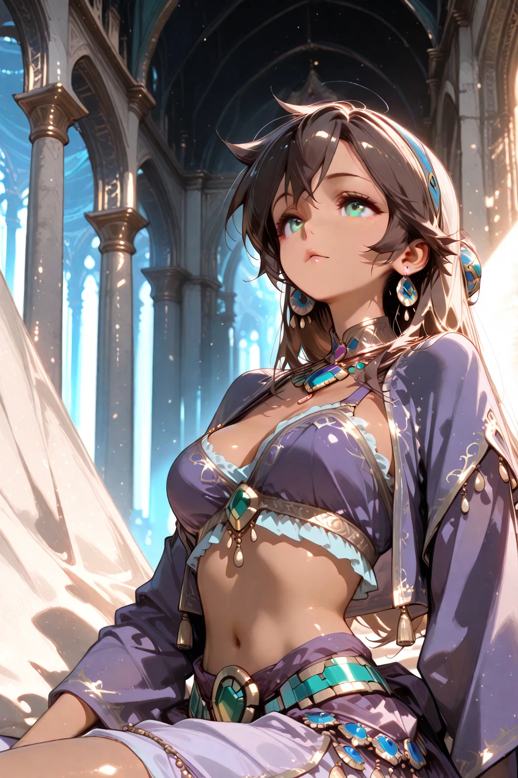 ((Masterpiece)),(Best Quality),((ultra-detailed)), (beautiful detailed face), depth of field,detailed,((beautiful detailed eyes)), big breasts, niloudef, dark skin, portrait 3:4, belly dance pose, sensual, seductive. Theater stage background. smiling.