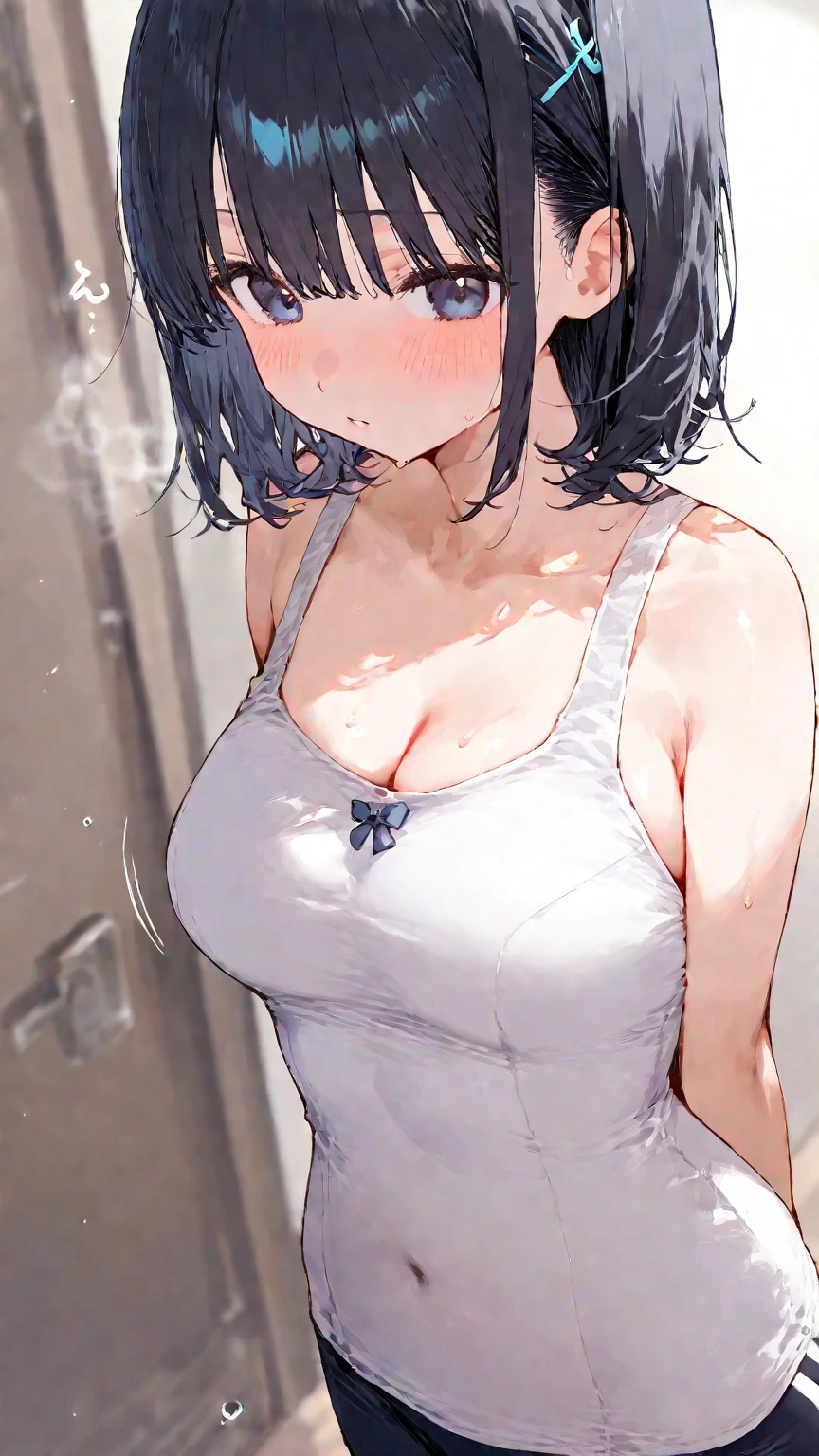 Highest quality, Super detailed, masterpiece, Ultra-high resolution, 8k, Embarrassing, blush, Lovely, With tears in her eyes and her mouth open, drooling, arms behind head, wariza, 1girl, mejiro ramonu \(umamusume\), umamusume, medium breasts, (off-shoulder white shirt, micro mini skirt), (cleavage out), crop top navel, Waistline, (Shower room, I take a shower), from above