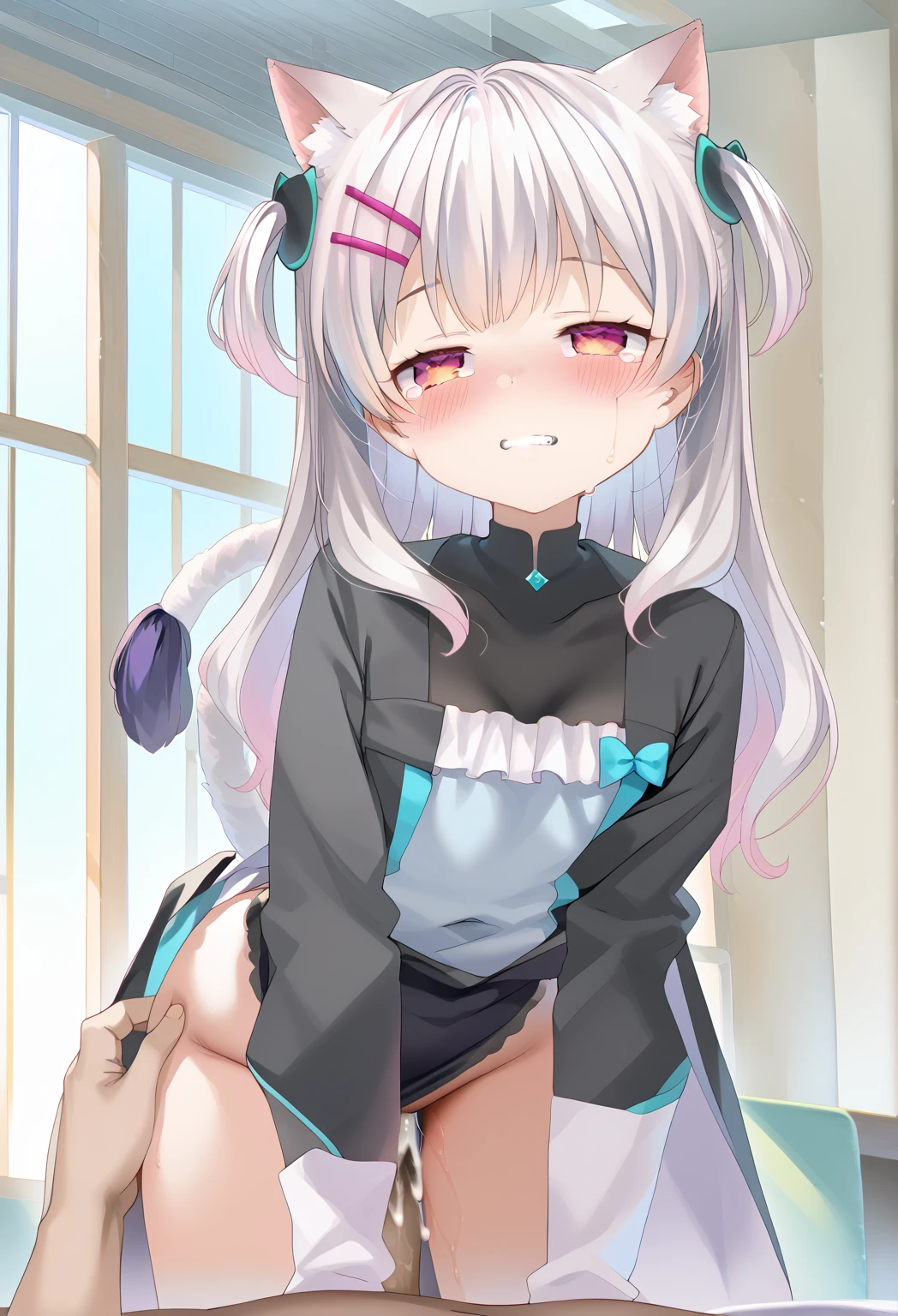 absurd, absolute resolution, Incredibly absurd, excellent quality, Super detailed, official art, Unity 8K wallpaper BREAK young child , cute, stare intently,not wearing clothes、Small cherry-colored nipples BREAK This illustration shows a  、She got on all fours, mimicking the 猫's movements. ((Frustrated expression:1.3))、(tears)、(((cute下着)))、slender body shape、not wearing clothes