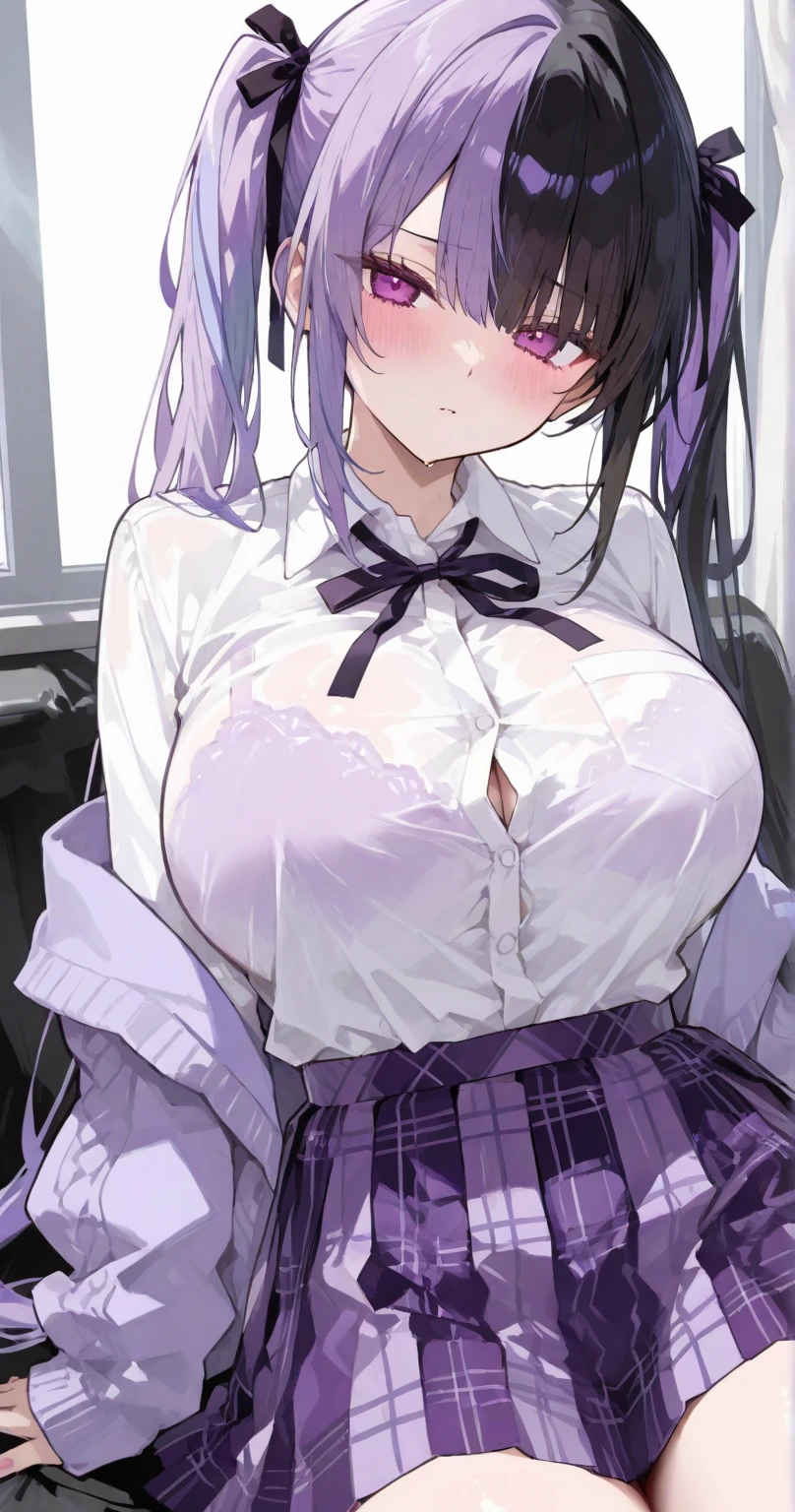 (NSFW:1.0)、perfect hand drawn、beautiful body line、1 beauty, (light purple eyeshadow), (thick neck:1.4)、thick body、(broad shoulders:1.4)、(face becomes smaller)、(pointed chest:1.6)、model body shape、(D cup breasts:1.4)、17 years old、clear eyes、big moist eyes、impatience and shy smile:1.2、((school uniform:1.2))、Shirt and knee-length skirt、(face focus:1.4)、messy long hair、evening、very detailed, detailed background, cinematic lighting, (A pure white bra visible through an unbuttoned shirt:1.5)、The front hook of the white bra is undone.:1.4