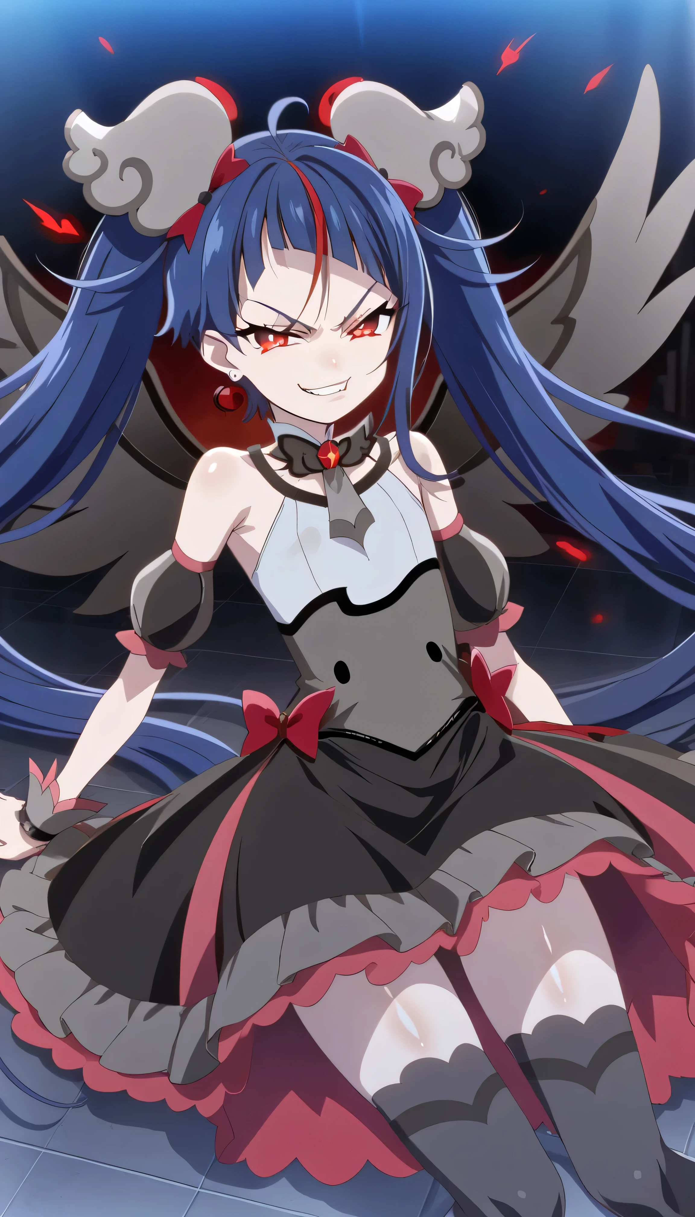 score_9, score_8_up, score_7_up, Source_Anime, official art , Anime screencap, Goddess Magazine , reflective white knee-high stockings on the glass floor , dark cure sky、( Flat-chested:1.2), lie, Back, legs up, folded from under the petite, Dark Blue Hair、 twin tails clustering in one、 , cowboy shot, , Let's play in the Pretty Cure uniform , pleated skirt , ,(evil Smirk:1.8),obscene, top quality,very detailed images,single,1 girl,(shiny skin nsfw:1.5),