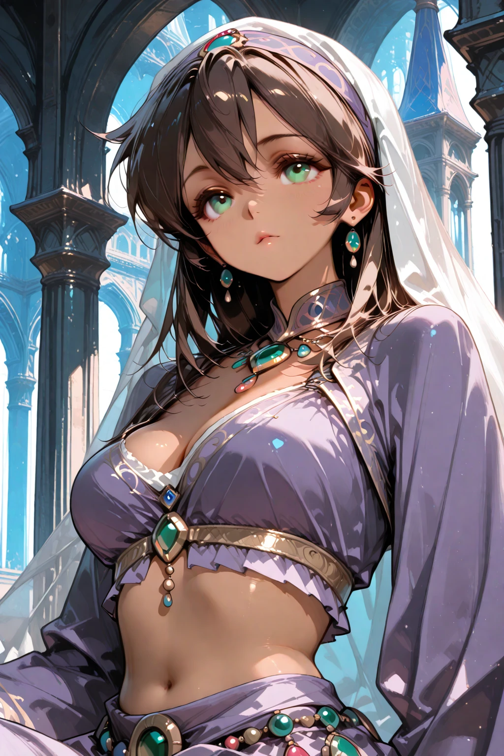 long, flowing brown hair that reaches down to the middle of her back. Eyes: Retains the same sharp green eyes,Build: Slimmer and more , though still athletic. Her new form is more agile and quick. Skin: The same tanned complexion, though the features are more refined and delicate Her outfit consists of delicate, thin chains and ornamental pieces that barely cover her body. A translucent purple veil covers her lower face, with intricate jewelry adorning her neck, arms, and waist. evil smile, subservient, large breast, egyptian style clothng