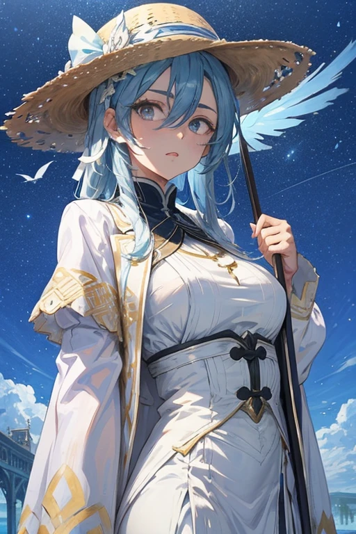 Ranni the witch (blue hair) lifting up her skirt (sheer white gown) and pinching her nipples (small breast) while resting at a site of grace (dark forest background) full face blushing while sweating a lot looking at viewer with horny smile