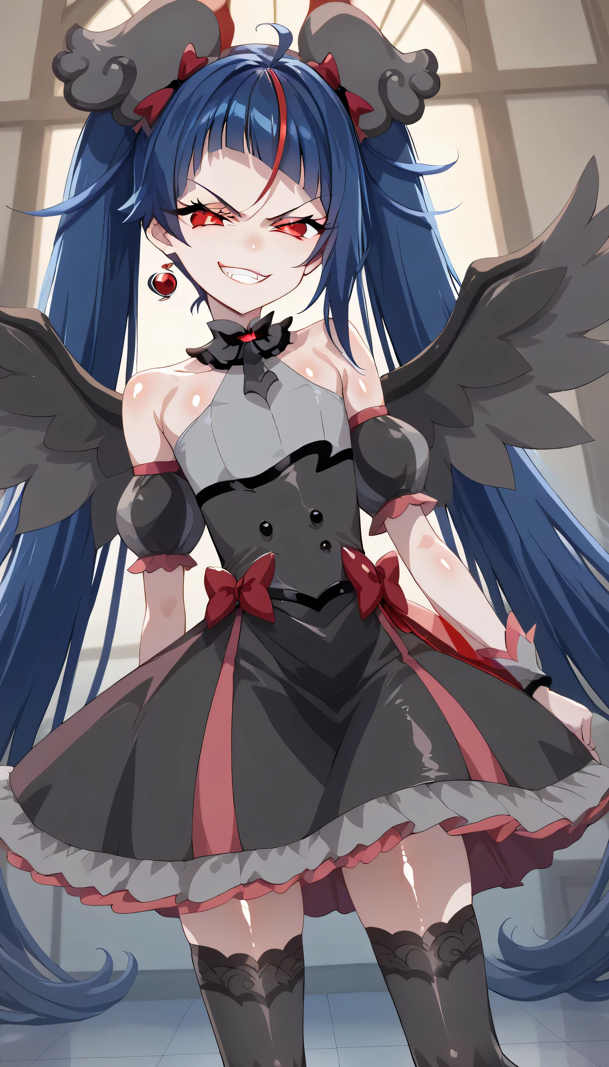 score_9, score_8_up, score_7_up, Source_Anime, official art , Anime screencap, Goddess Magazine , reflective white knee-high stockings on the glass floor , dark cure sky、( Flat-chested:1.2), lie, Back, legs up, folded from under the petite, Dark Blue Hair、 twin tails clustering in one、 , cowboy shot, , Let's play in the Pretty Cure uniform , pleated skirt , ,(evil Smirk:1.8),obscene, top quality,very detailed images,single,1 girl,(shiny skin nsfw:1.5),