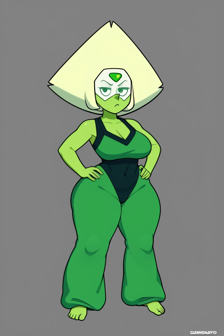 1girl, Masterpiece Best quality, absurd, , green hair, green skin, forehead jewel, short hair, navel, green eyes, peridot(her), beautiful art style, huge butt, perfect, good anatomy, curvy, clothes, sfw
