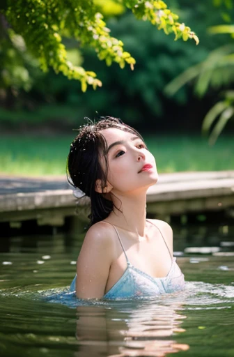 a woman At the pool with lily pads Underwater, At the pool, standing At the pool, Float into a powerful Zen state., nymph Underwater, Sitting in the reflection pool, floathing underwater At the lake, sitting by the pool, In shoulder-deep water, hair floating in water, At the lake, Underwater、The most beautiful women in their 20s、White summer dress with lace(see through)、small waist, chest: 1.5、seductive smile、Accessories on your wrist、Anklet on the leg、Blonde